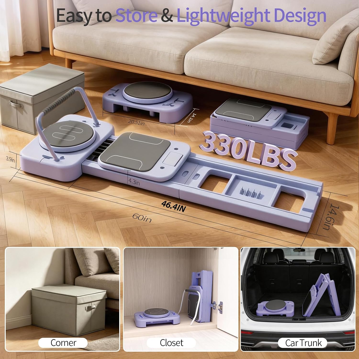 Pilates Reformer Board with 3 Adjustable Resistance, 60'' Foldable & Portable Pilates Machine for Home Use, Tool-Free Assembly, Includes Storage Box and 3 Yoga Socks (Purple) - Image 5