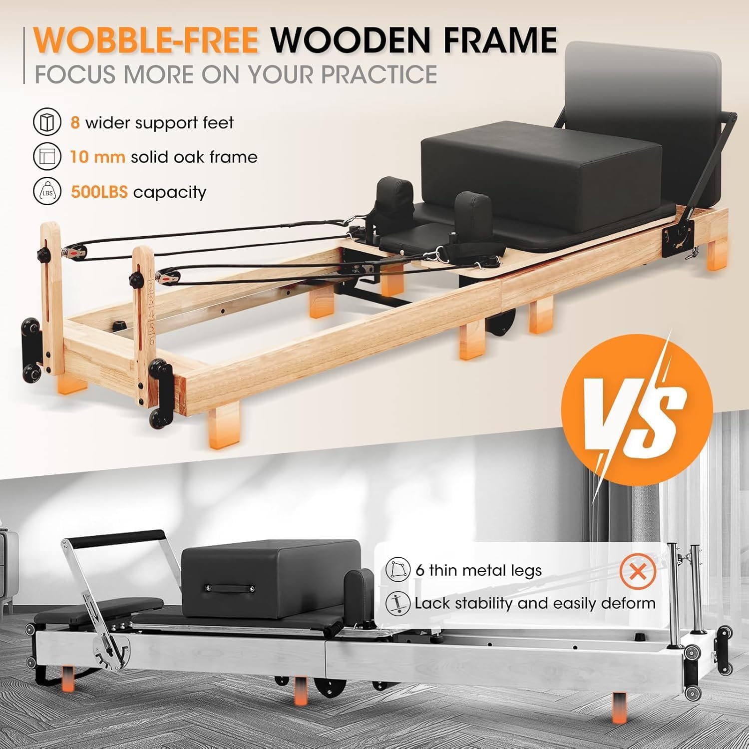 Pilates Reformer, PAETA 92" Wooden Pilates Reformer Machine with Springs, Pilates Machines for Home Use and Studio, Pilates Equipment with Sitting Box, Jump Board and Accessories - Image 3