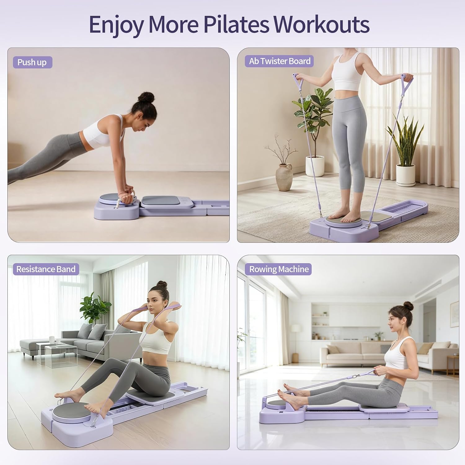 Pilates Reformer Board with 3 Adjustable Resistance, 60'' Foldable & Portable Pilates Machine for Home Use, Tool-Free Assembly, Includes Storage Box and 3 Yoga Socks (Purple) - Image 8