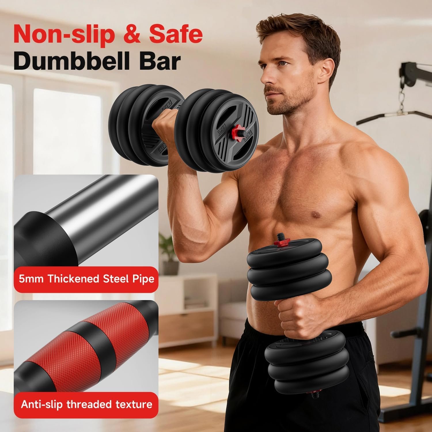 Adjustable Dumbbell Set, 20/30/45/70/90lbs Free Weight Set With Double Locknut, 5-in-1 Dumbbells Set Includes Barbell, Kettlebells, Push up Stand, Weight Plate, Fitness Exercise for Home Gym Suitable Men/Women - Image 5