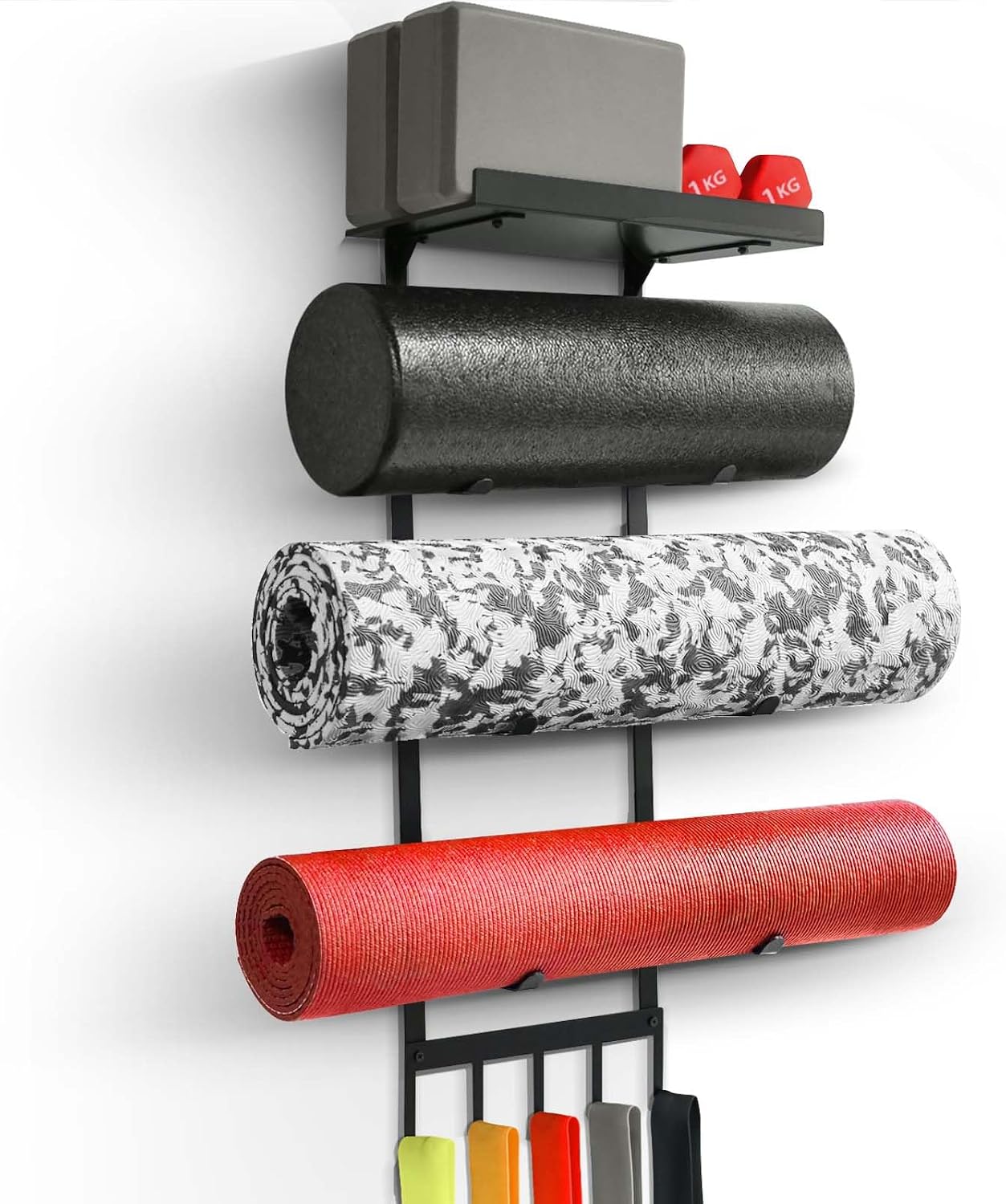 Yoga Mat Holder Wall Mount, Home Gym Storage Rack with Top Floating Shelf, 4-Tiers Holding Yoga Mat/ Blocks/ Rollers and Decorations, 5 Hooks for Resistance Bands, Skipping-Rope, Small Gym Equipment