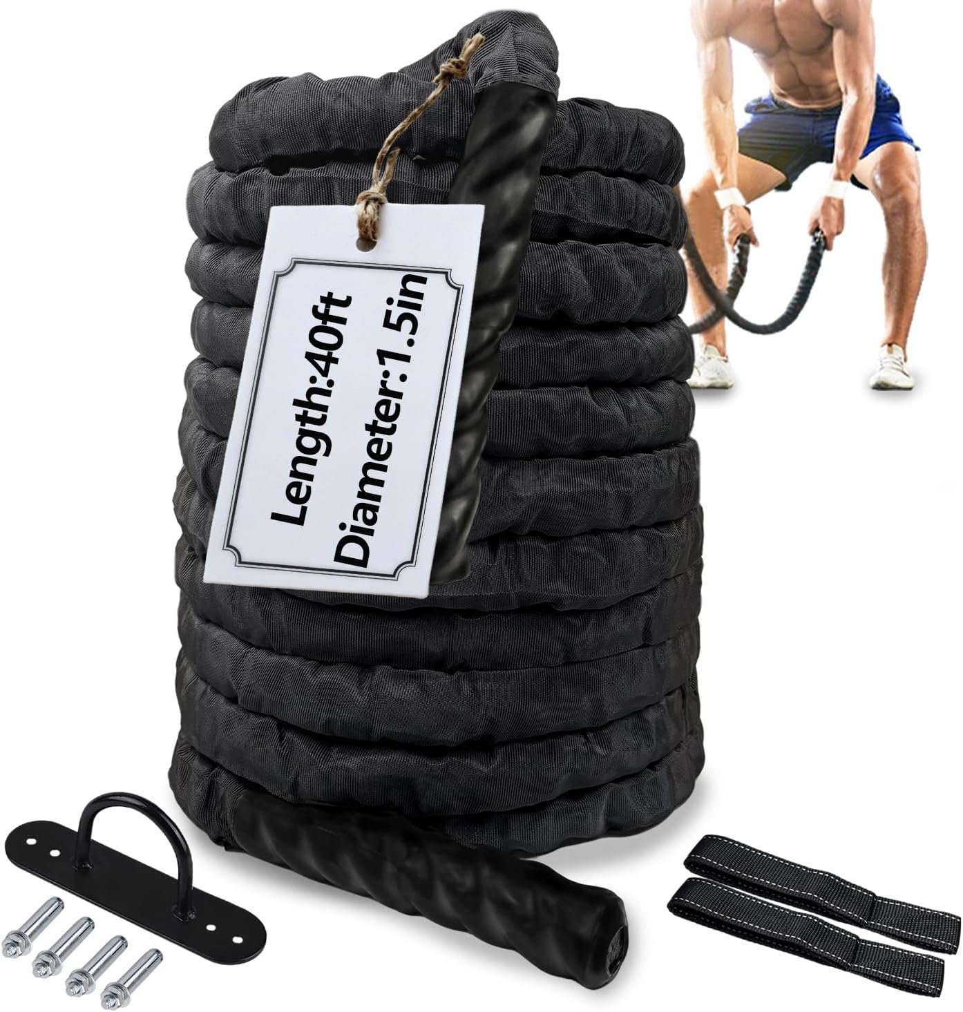 1.5 Inch 40ft Heavy Weighted Training Exercise Ropes Fitness Equipment with Sleeve and Anchor Strap Kit for Outdoor Working Out,Battle Rope for Home Gym Workout. - Image 9