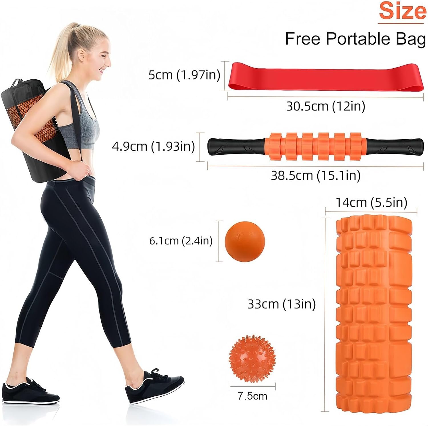 Aucuu 6 in 1 Foam Roller Set Includes Hollow Core Massage Roller, Yoga Stick, Massage Ball, Fitness Stretching Strap, Carrying Bag, Towel, Massage Roller (Orange) - Image 2
