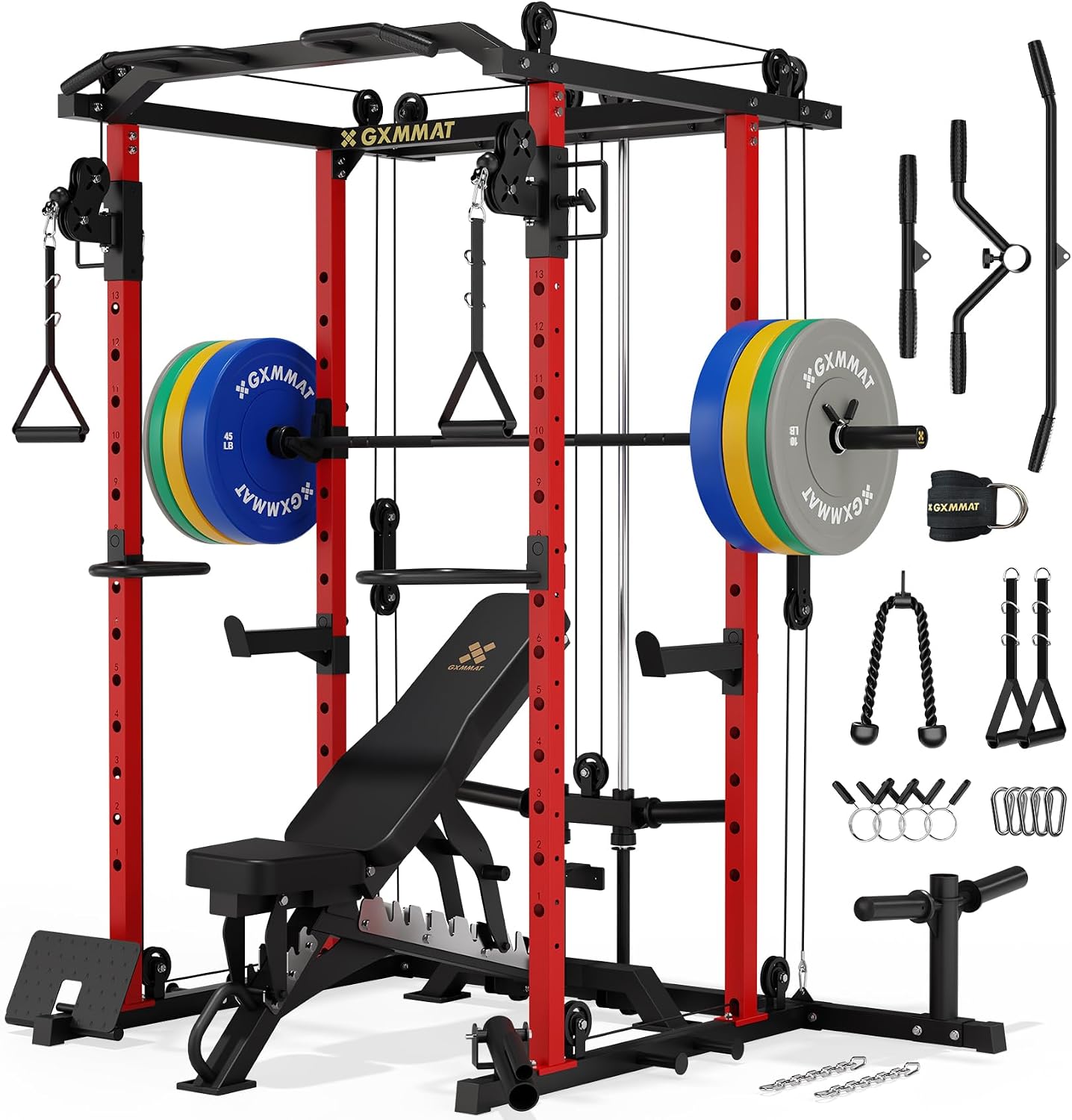 GXMMAT V6 Power Rack with Cable Crossover System, Multi-Function Garage Power Cage, 2000LBS Squat Rack for Home Gym, Weight Strength Training Cage, Workout Cage with More Attachments
