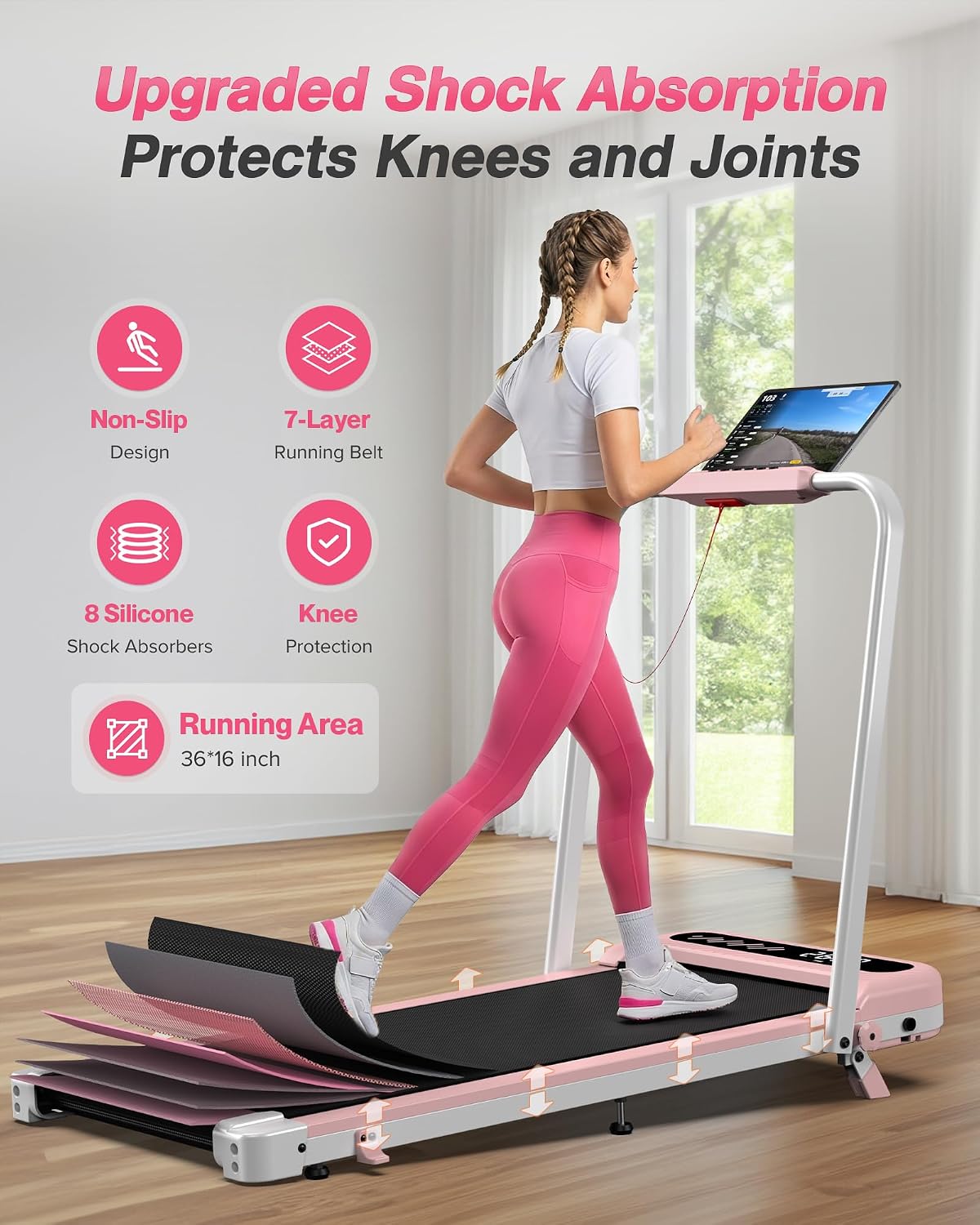 WELLFIT Pink Walking Pad with 10% Incline and Handle Bar, 350+ Lbs Capacity - Image 7