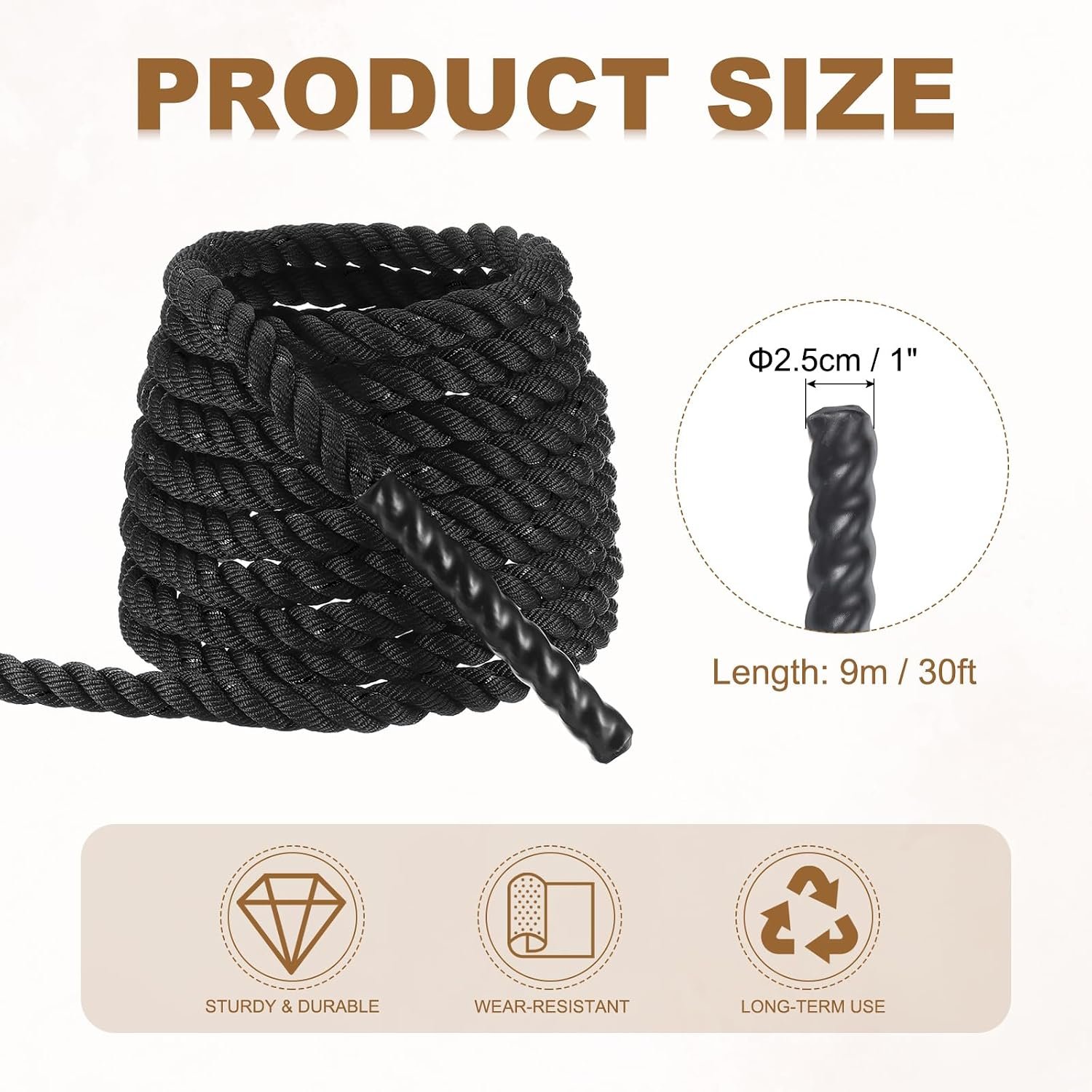 MECCANIXITY Battle Rope 50ft x 1 Inch Polyester Workout Rope Heavy Fitness Exercise Rope for Strength Training Home Gym Muscle Building, Black - Image 2