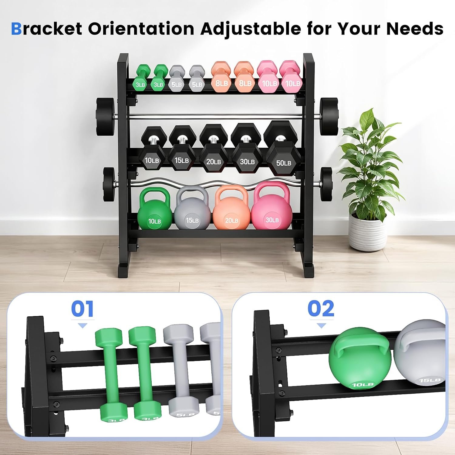 3 Tier Adjustable Dumbbell Rack, 1300LB Capacity Heavy Duty Weight Rack for Home Gym, Space-Saving Steel Kettlebell Rack for Dumbbells, Kettlebells, Barbells & Weight Plates (Rack Only) - Image 7