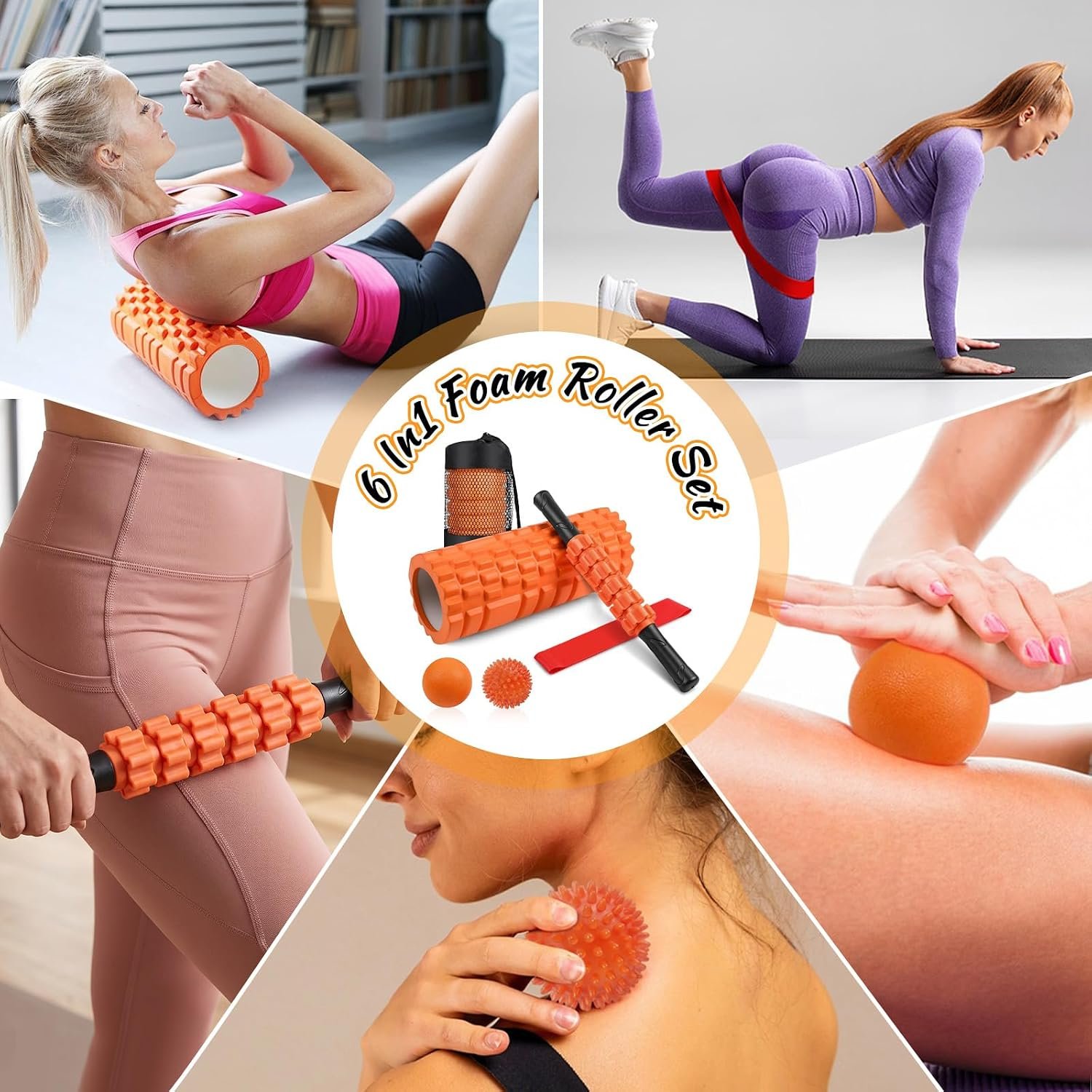 Aucuu 6 in 1 Foam Roller Set Includes Hollow Core Massage Roller, Yoga Stick, Massage Ball, Fitness Stretching Strap, Carrying Bag, Towel, Massage Roller (Orange) - Image 8