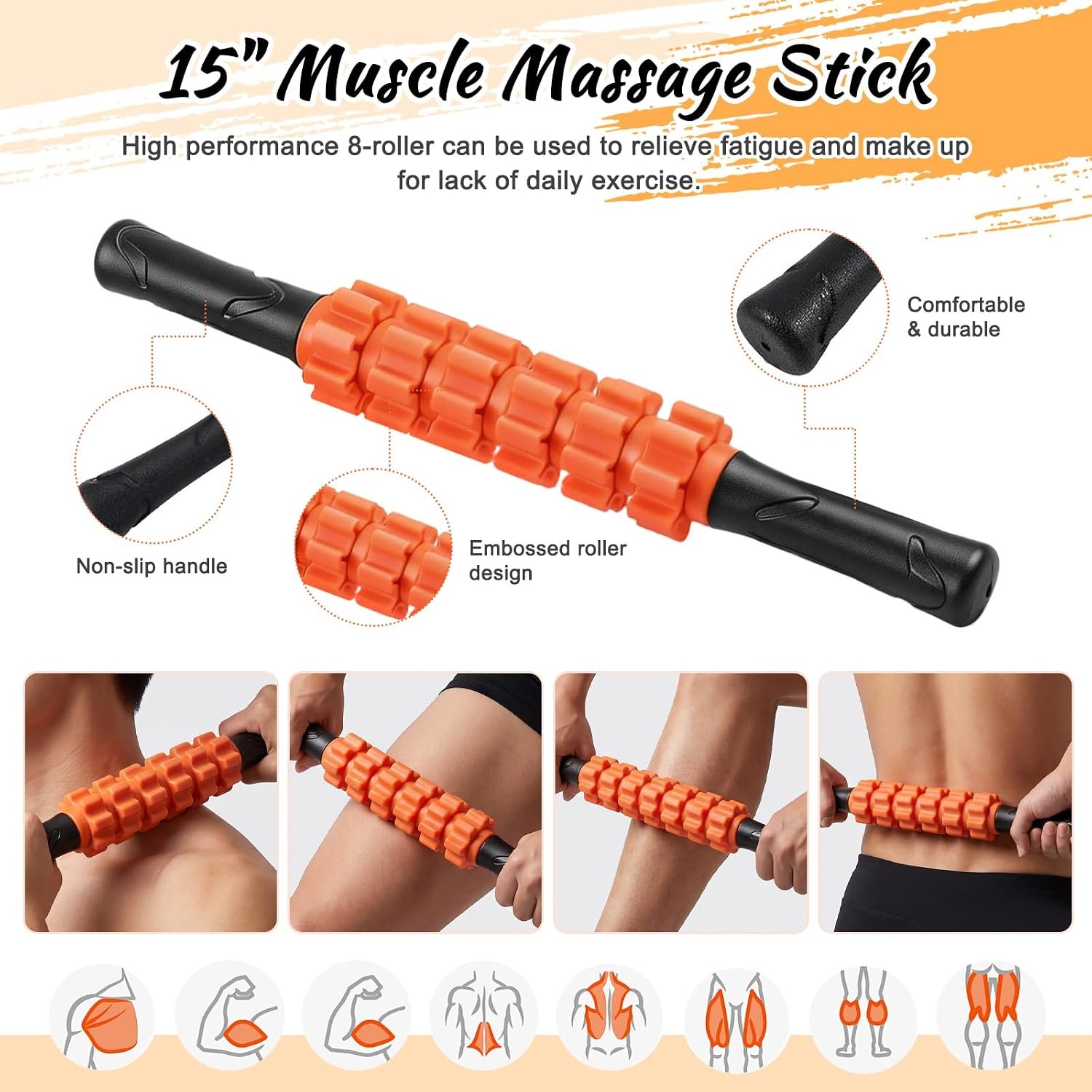 Aucuu 6 in 1 Foam Roller Set Includes Hollow Core Massage Roller, Yoga Stick, Massage Ball, Fitness Stretching Strap, Carrying Bag, Towel, Massage Roller (Orange) - Image 5