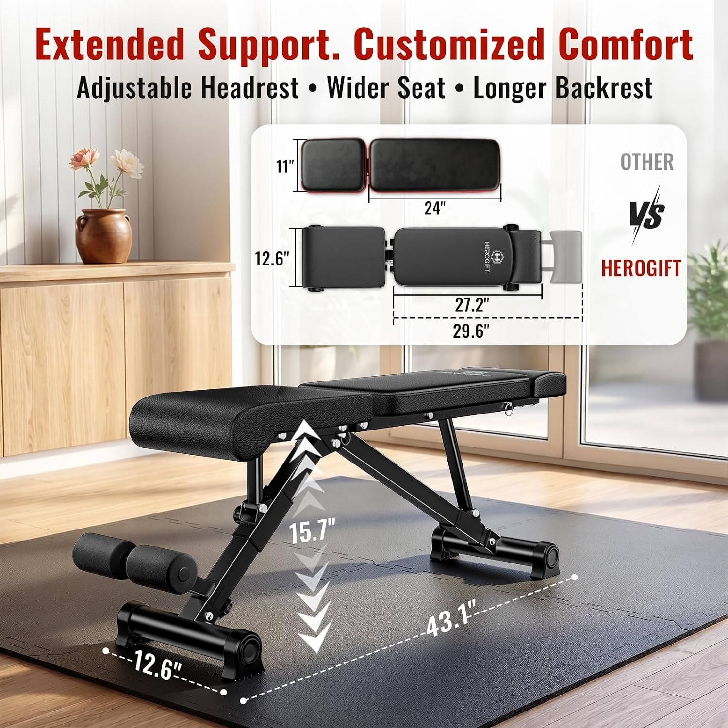 HEROGIFT Adjustable Weight Bench, 600 LB Capacity with Headrest - Image 3