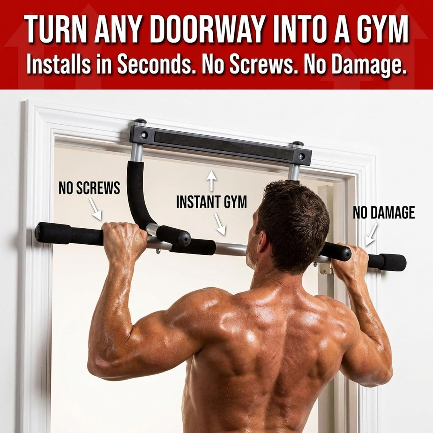 Iron Chin Up & Pull Up Bar Gen. 1 – Heavy Duty Doorway Pull Up Bar, 9 Multi-Grip Positions, No Screws Required, Fits 24"–32" Door Frames, Supports Up to 300 lbs, Home Gym Strength Trainer - Image 2