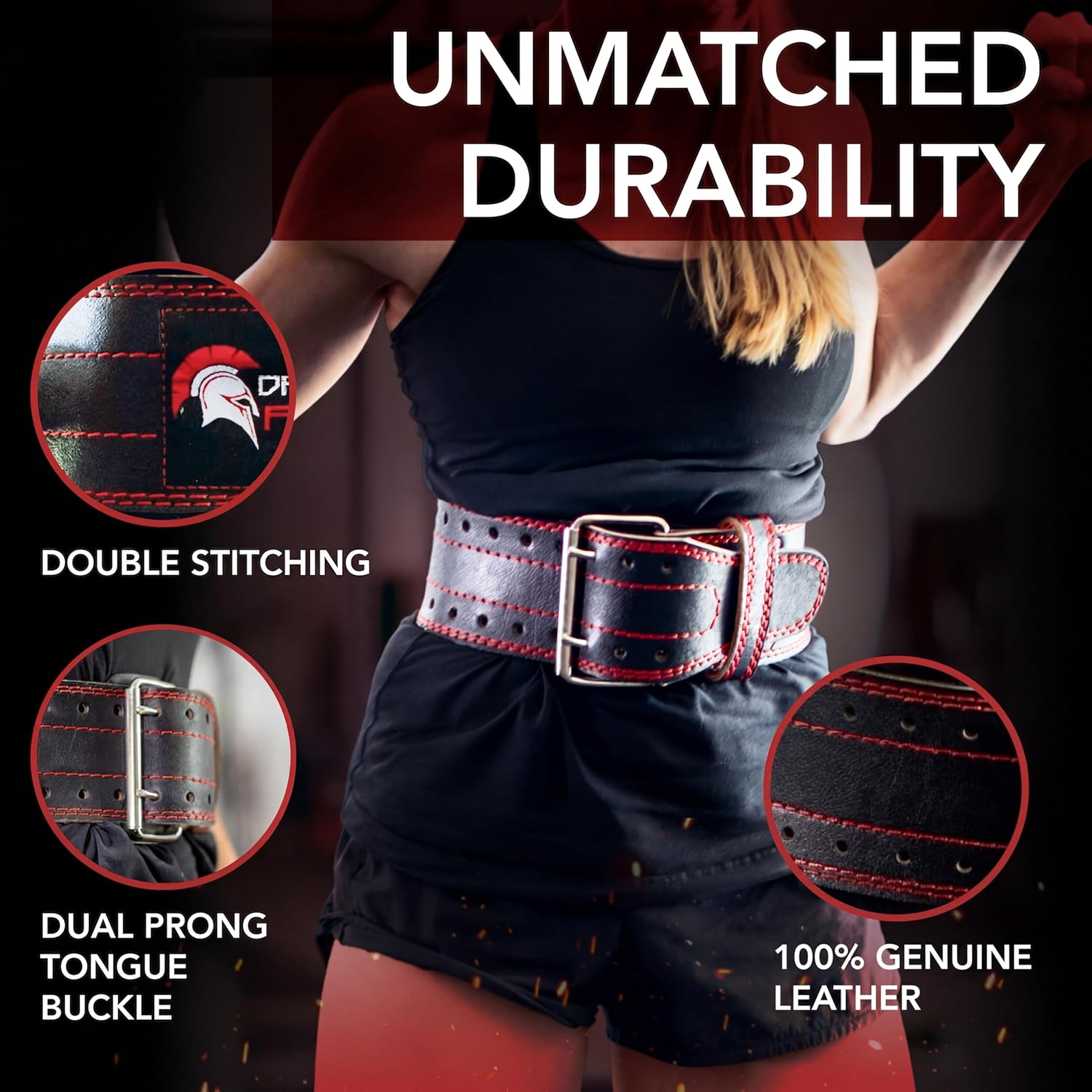 Dark Iron Fitness Genuine Leather Weightlifting Belt, 4 Inch Wide for Men Women with Double Prong Buckle Reinforced Stitching, Powerlifting Deadlift Squat Training Core Support Gym Strength Workout - Image 3