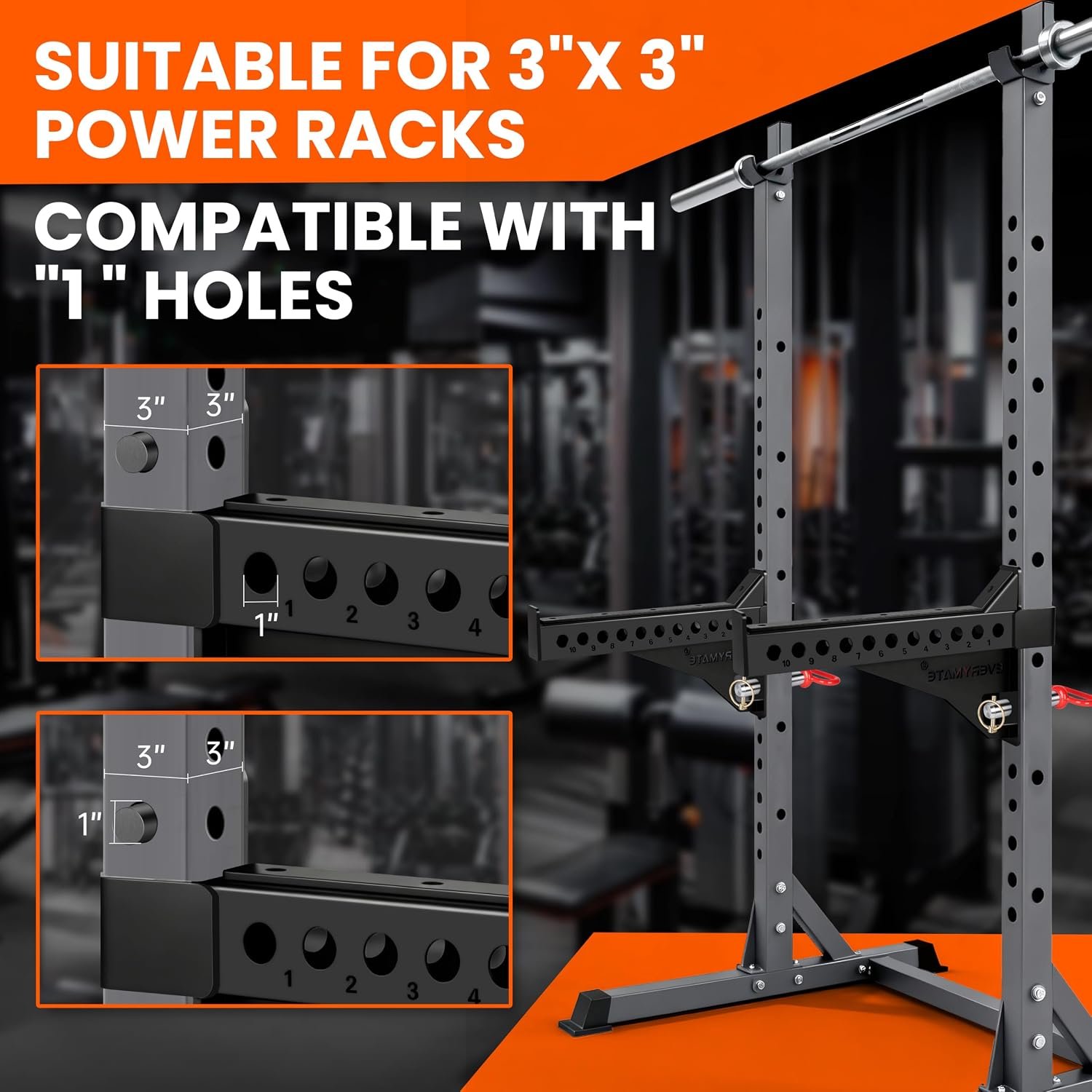 EVERYMATE Safety Spotter Arms, Fits 2"x2" & 3"x3" Power Racks, Heavy Duty 1000LBS Capacity Barbell Squat Rack Safety Bars with Rubber Pads for Home/Garage Gym Strength Training - Image 2