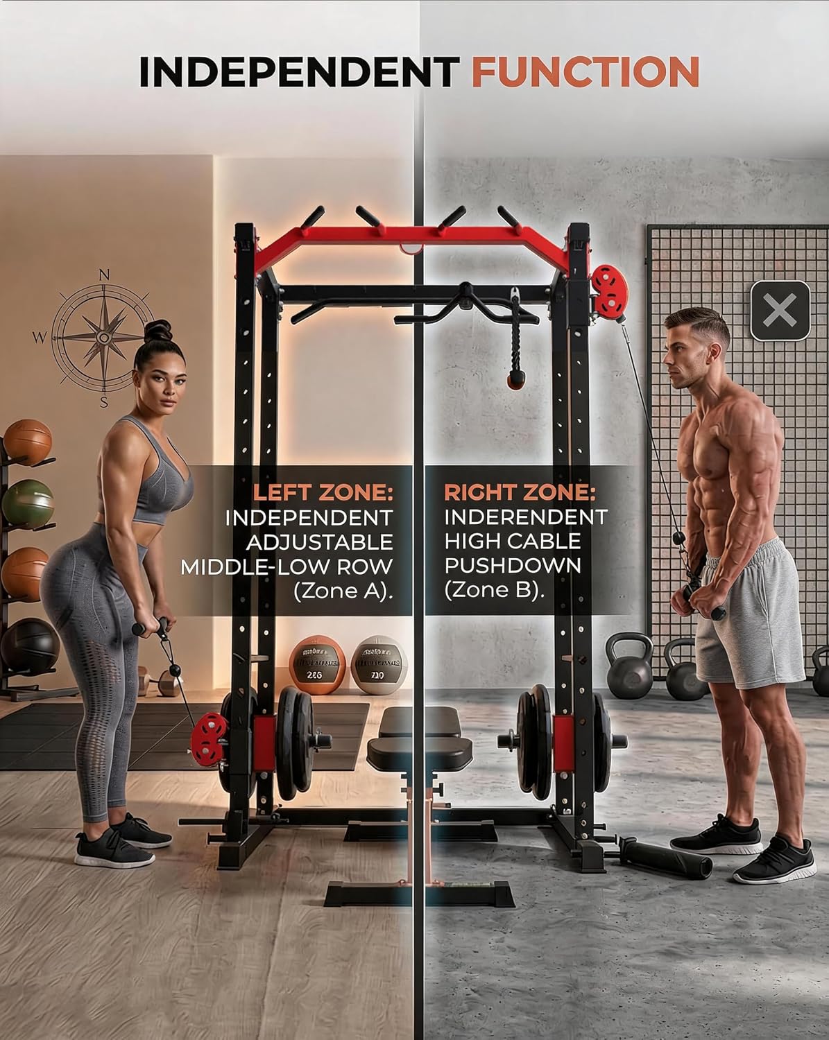 Power Cage, Power Rack with Cable Crossover System, 2000LBS Squat Rack with LAT Pull Down System, Workout Cage with Pulley System for Fitness Home Gym Strength Training (Red&Black) - Image 7