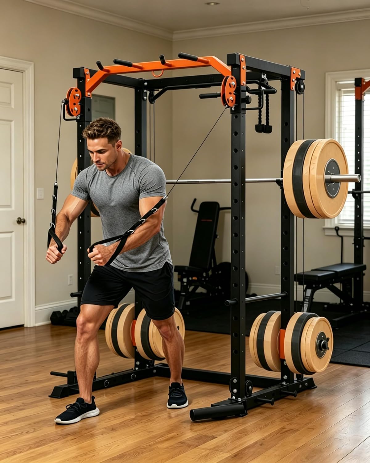 Power Cage, Power Rack with Cable Crossover System, 2000LBS Squat Rack with LAT Pull Down System, Workout Cage with Pulley System for Fitness Home Gym Strength Training (Red&Black) - Image 4