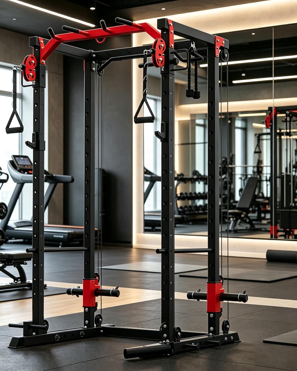 Power Cage, Power Rack with Cable Crossover System, 2000LBS Squat Rack with LAT Pull Down System, Workout Cage with Pulley System for Fitness Home Gym Strength Training (Red&Black) - Image 3