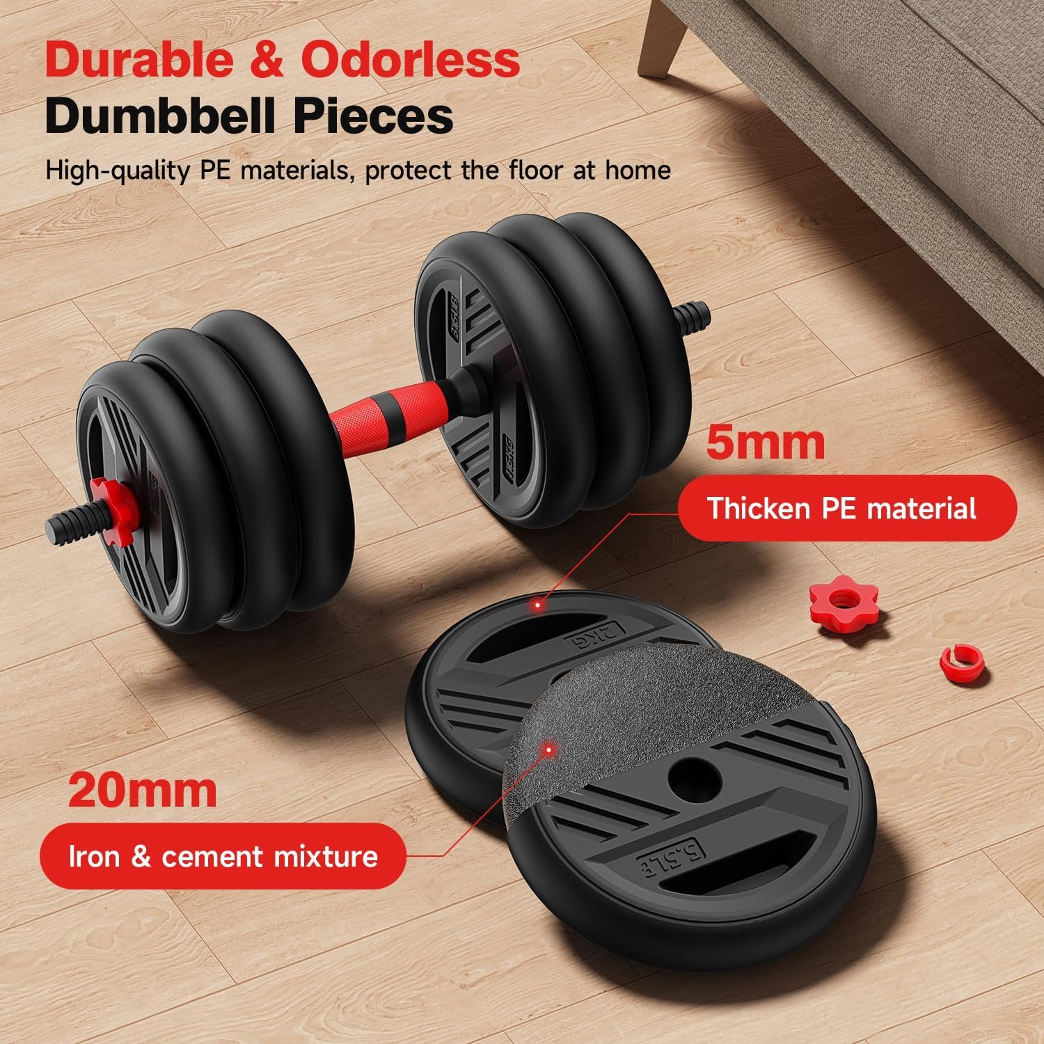 Adjustable Dumbbell Set, 20/30/45/70/90lbs Free Weight Set With Double Locknut, 5-in-1 Dumbbells Set Includes Barbell, Kettlebells, Push up Stand, Weight Plate, Fitness Exercise for Home Gym Suitable Men/Women - Image 4