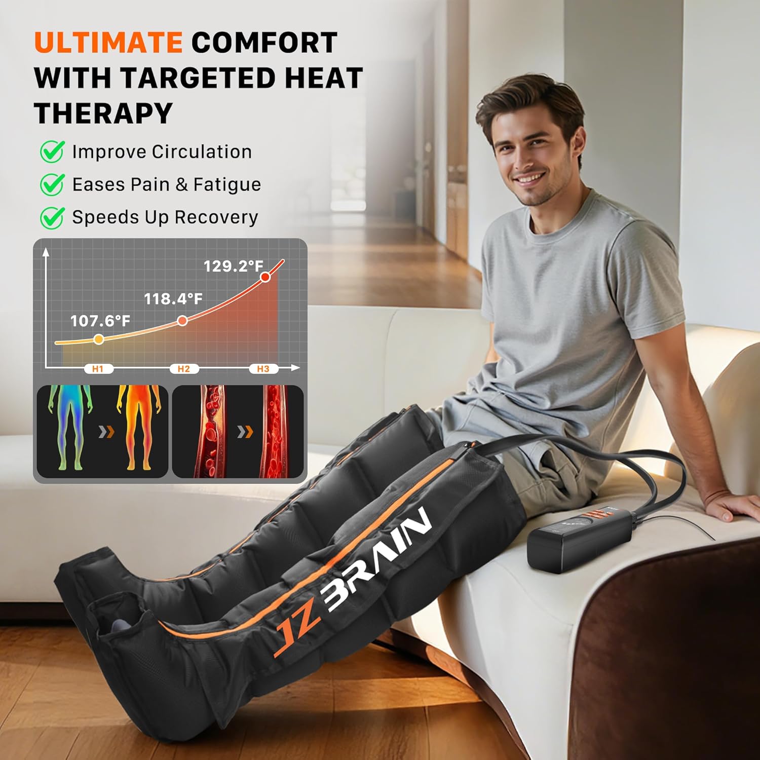 JZBRAIN Air Compression Boots Leg Massager: Sequential Full-Leg Recovery with Heat, 6 Modes & 11 Intensities for Post‑Workout Relieve & Daily Relaxation for Athletes, Fitness Users (Medium) - Image 3