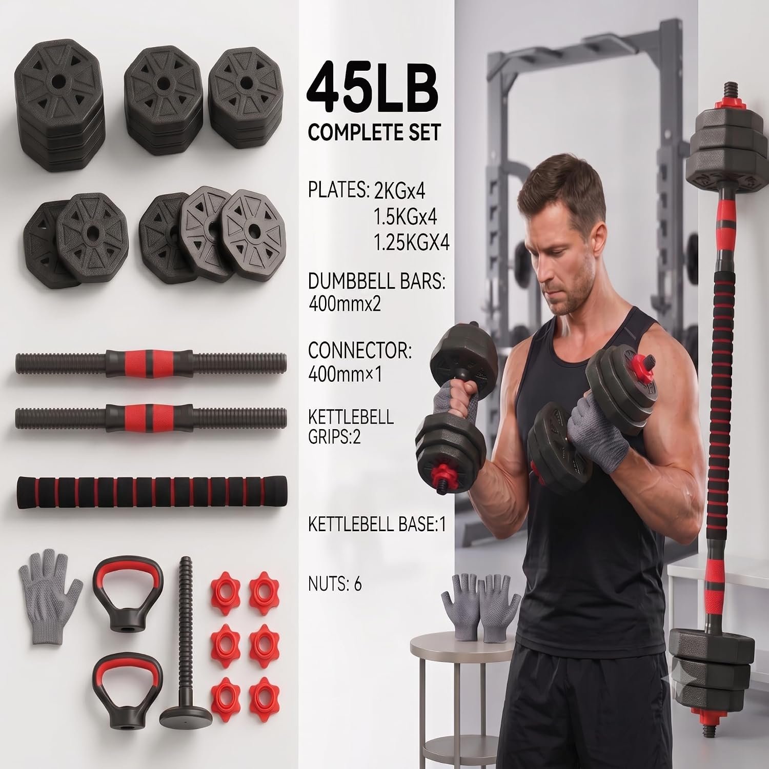 6-in-1 Adjustable Dumbbell & Barbell Weight Set, 45LB Octagon Anti-Roll Iron Sand & Cement Composite Weights, All-in-One Home Gym Equipment with Kettlebell, Push-up Stands & Gloves - Image 2