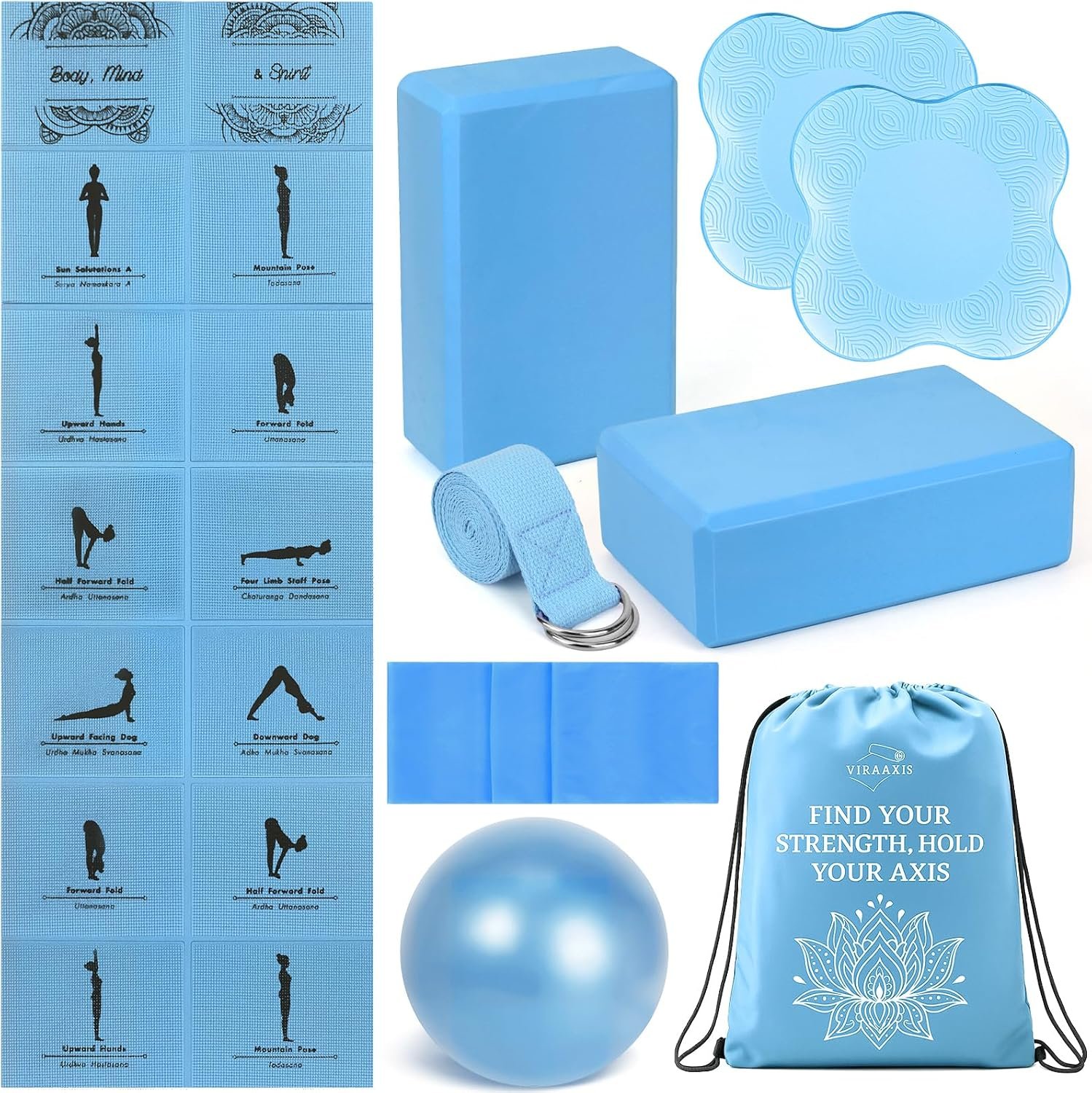 Foldable Non-Slip Yoga Mat and Blocks Set for Women, 9-Pcs Yoga Starter Kit