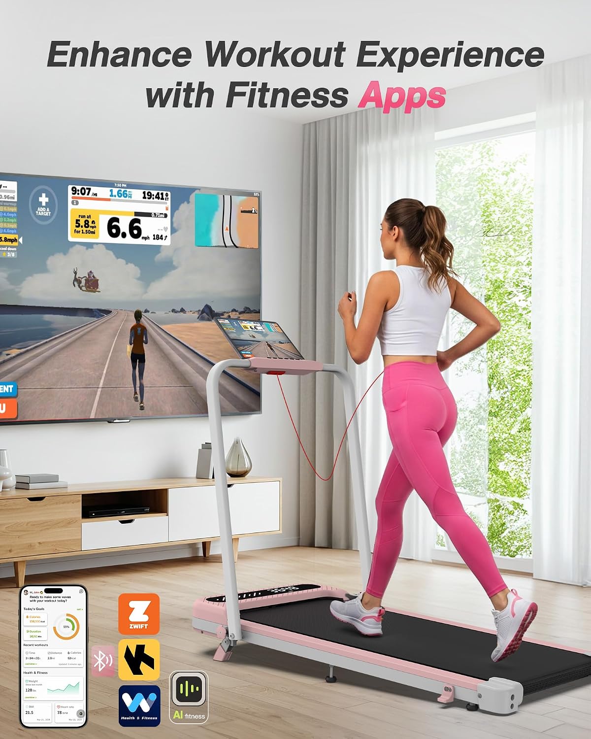 WELLFIT Pink Walking Pad with 10% Incline and Handle Bar, 350+ Lbs Capacity - Image 5