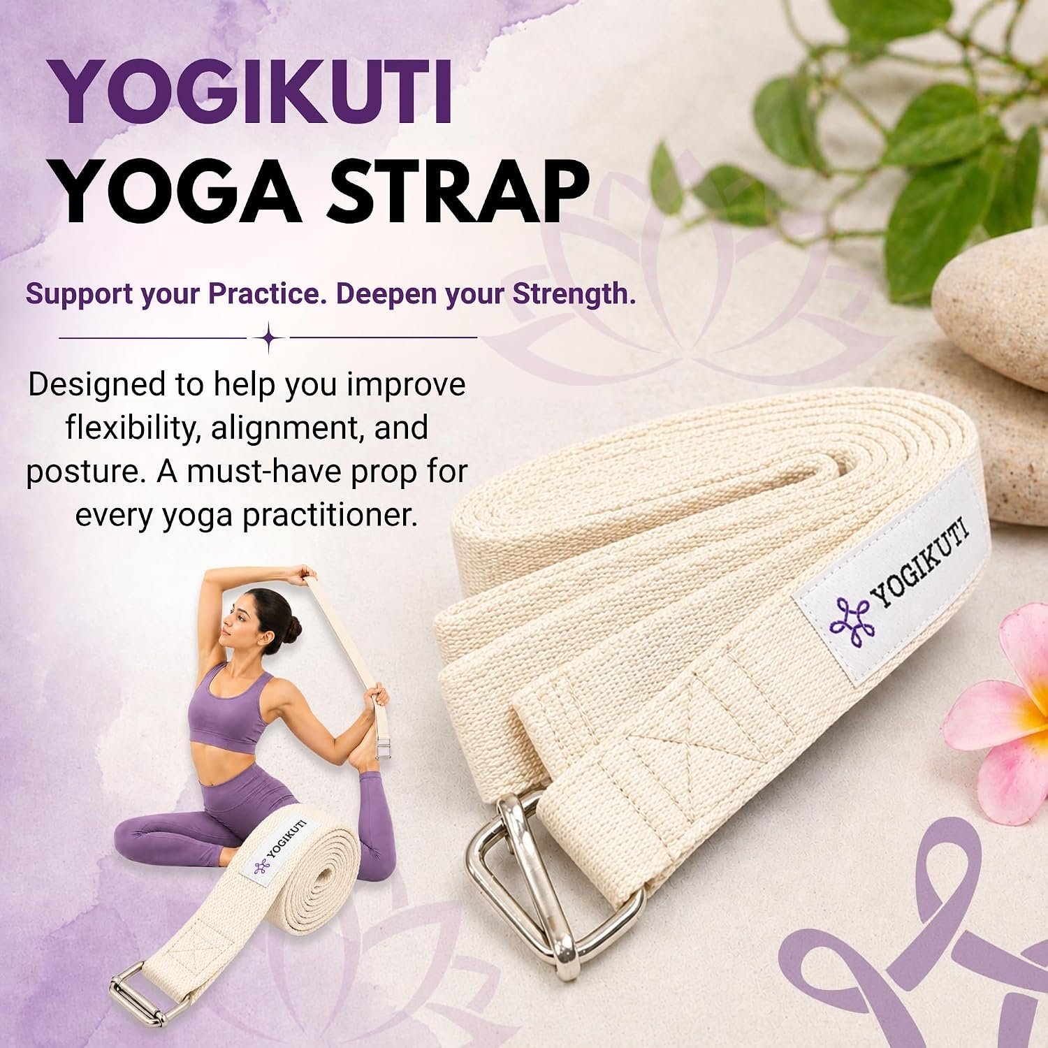 Yogikuti Premium Cotton Yoga Strap | Adjustable Yoga Belt for Stretching, Flexibility, Balance & Alignment | Yoga Accessories for Beginners, Pilates, Meditation, Exercise, Fitness & Physical Therapy - Image 9