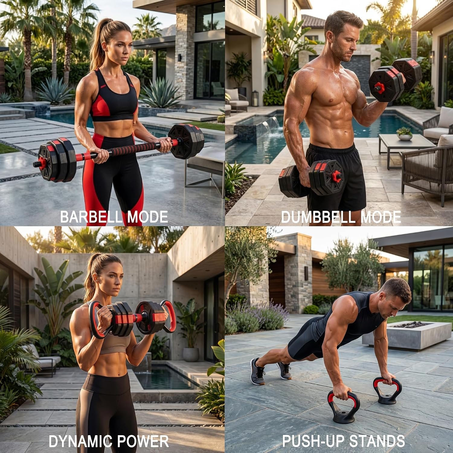 6-in-1 Adjustable Dumbbell & Barbell Weight Set, 45LB Octagon Anti-Roll Iron Sand & Cement Composite Weights, All-in-One Home Gym Equipment with Kettlebell, Push-up Stands & Gloves - Image 4