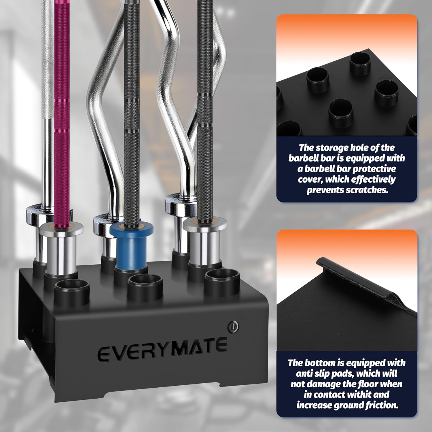 EVERYMATE Vertical Barbell Rack - Heavy-Duty Steel Organizer, Barbell Holder Floor Stand, Fits 2" Olympic Bars with Scratch-Resistant Inserts, Space-Saving for Home/Garage/Commercial Gym - Image 3