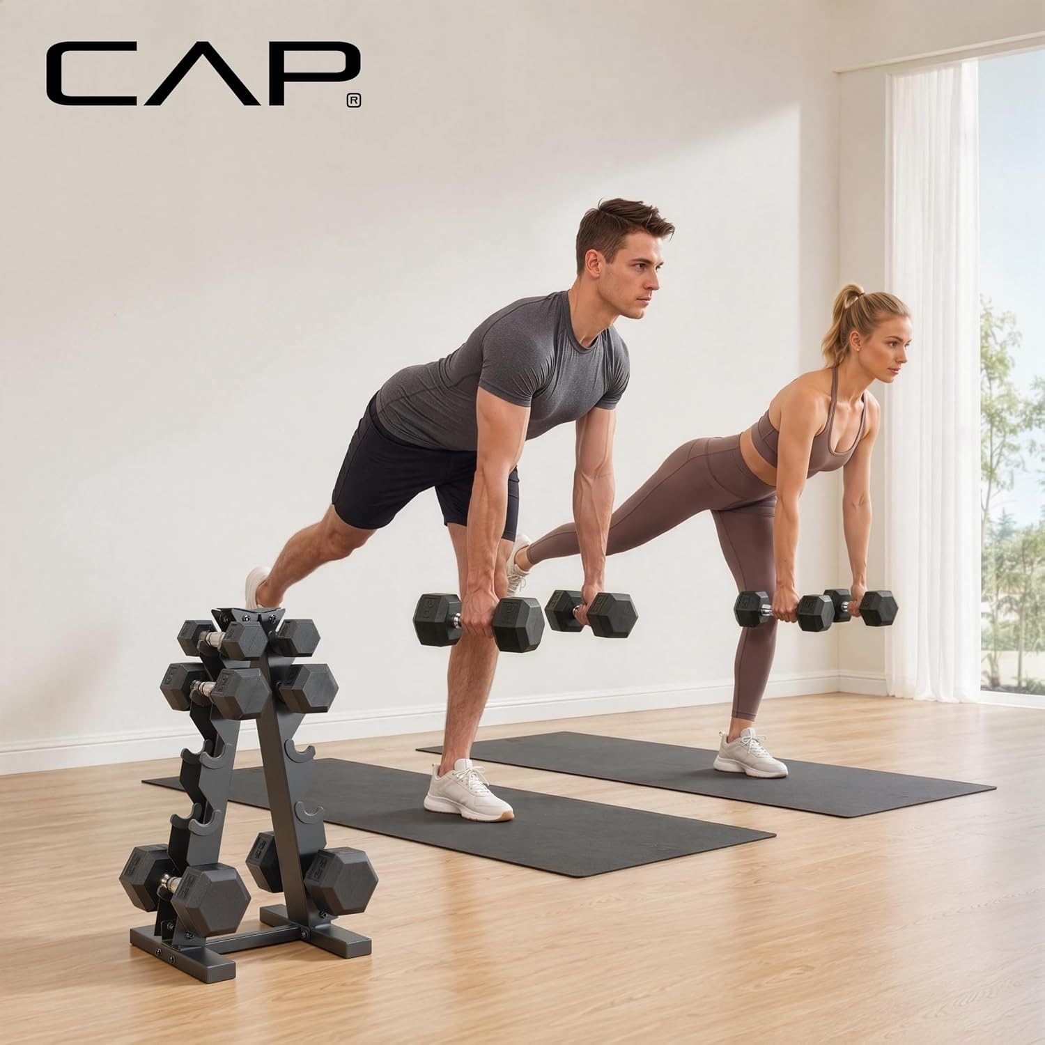 CAP Rubber Coated Dumbbell Weight Set with Vertical Rack | 100 lb, 150 lb, and 210 lb Options - Image 7