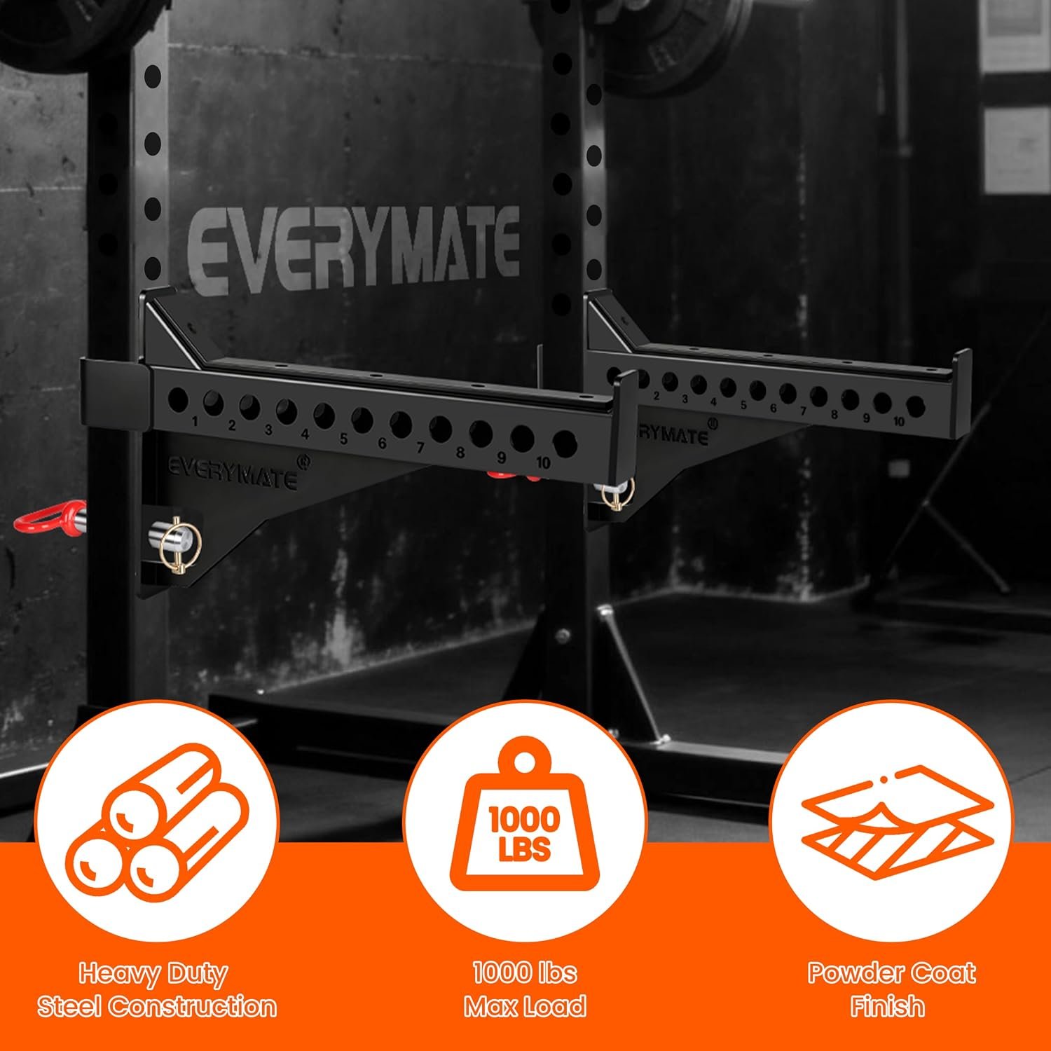 EVERYMATE Safety Spotter Arms, Fits 2"x2" & 3"x3" Power Racks, Heavy Duty 1000LBS Capacity Barbell Squat Rack Safety Bars with Rubber Pads for Home/Garage Gym Strength Training - Image 4