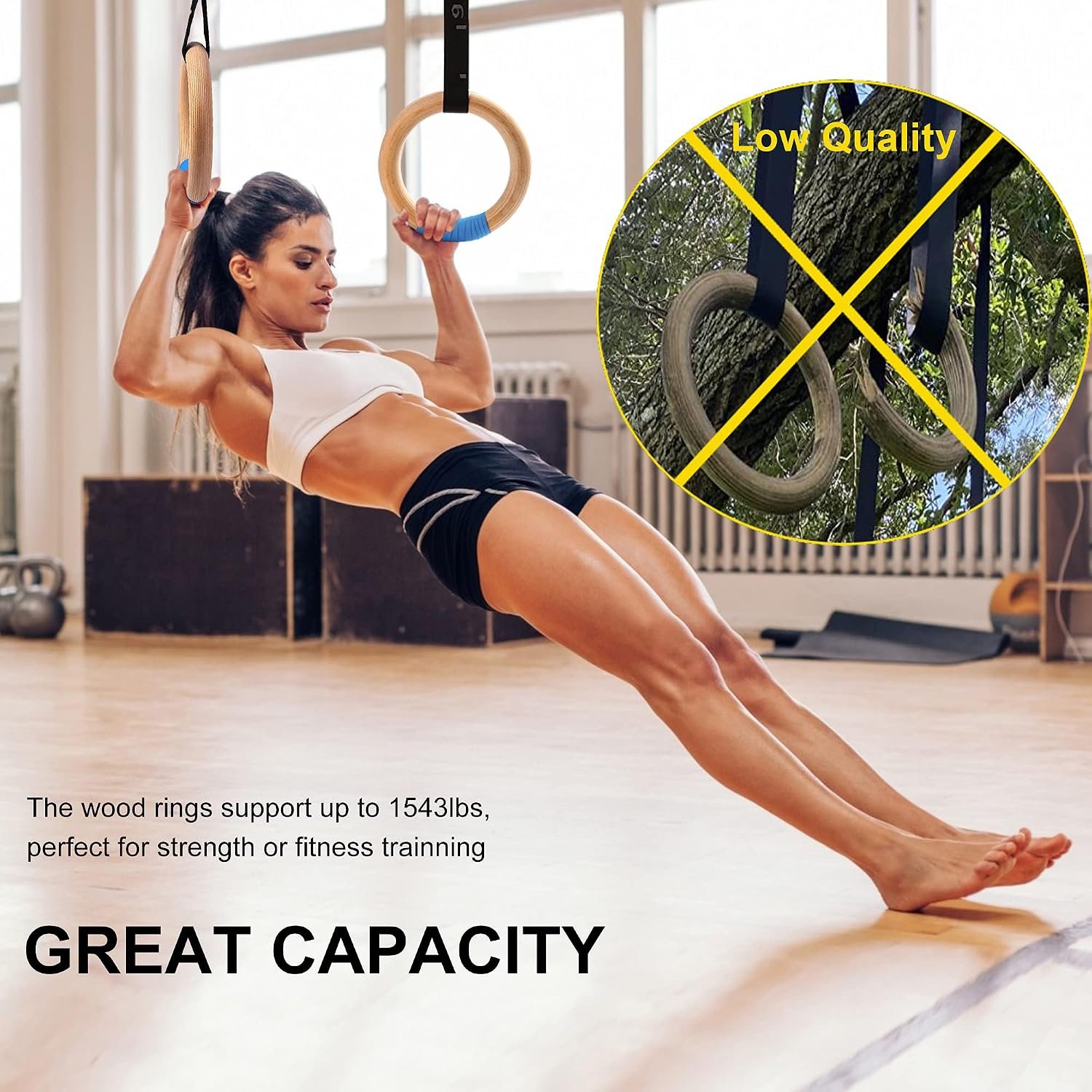 Wood Gymnastic Rings with Adjustable Number Suspension Trainer Straps with Cam Buckle 15ft Olympic Rings 32/28mm Heavy Duty 1543/992lbs for Pull Up Bar Workout Exercise Gym Hanging Rings Indoor - Image 5