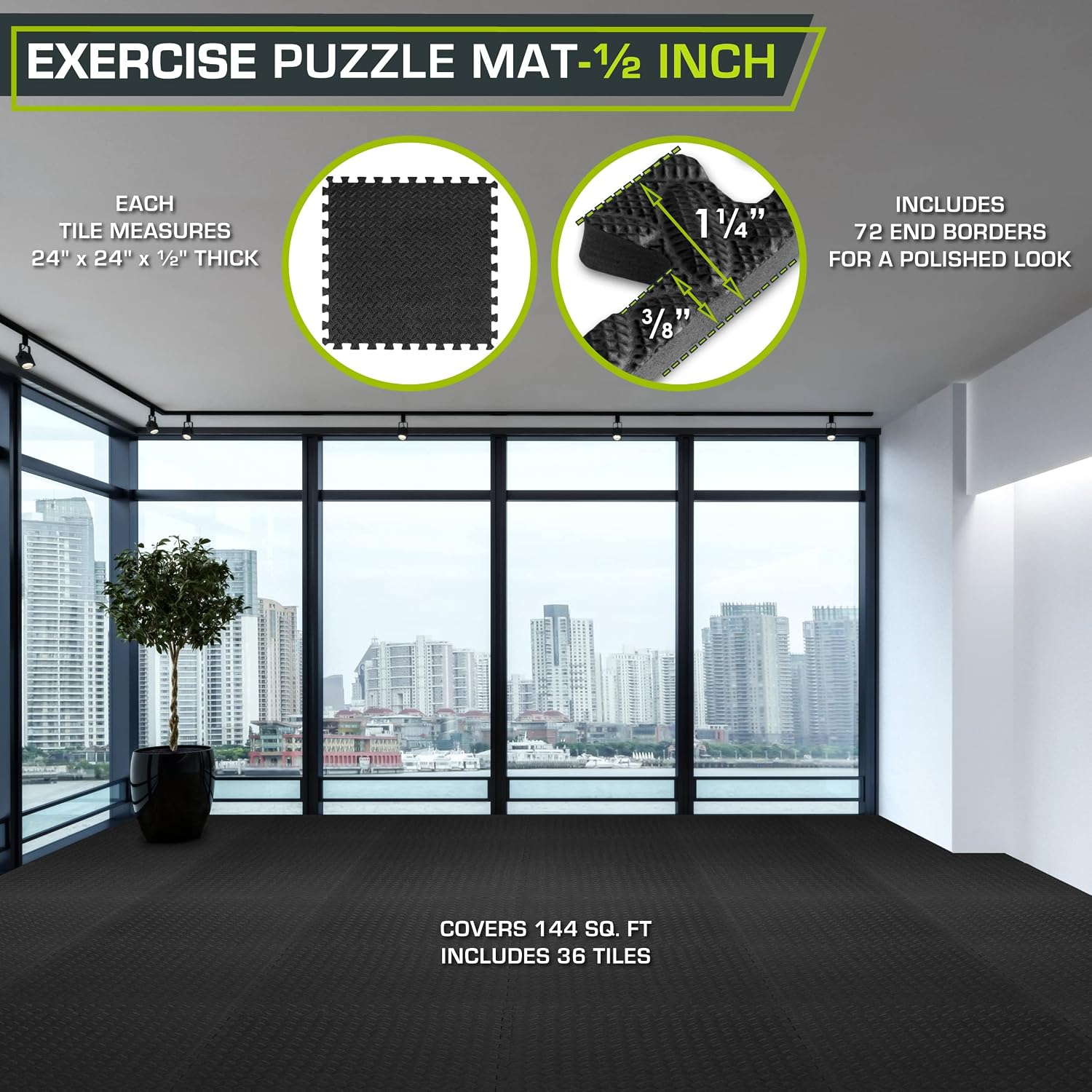 ProsourceFit Exercise Puzzle Mat ½-inch, EVA Interlocking Foam Floor Tiles for Home Gym, Workout Equipment, Kids Play Areas, Black, 144 SQ FT - 36 Tiles - Image 2