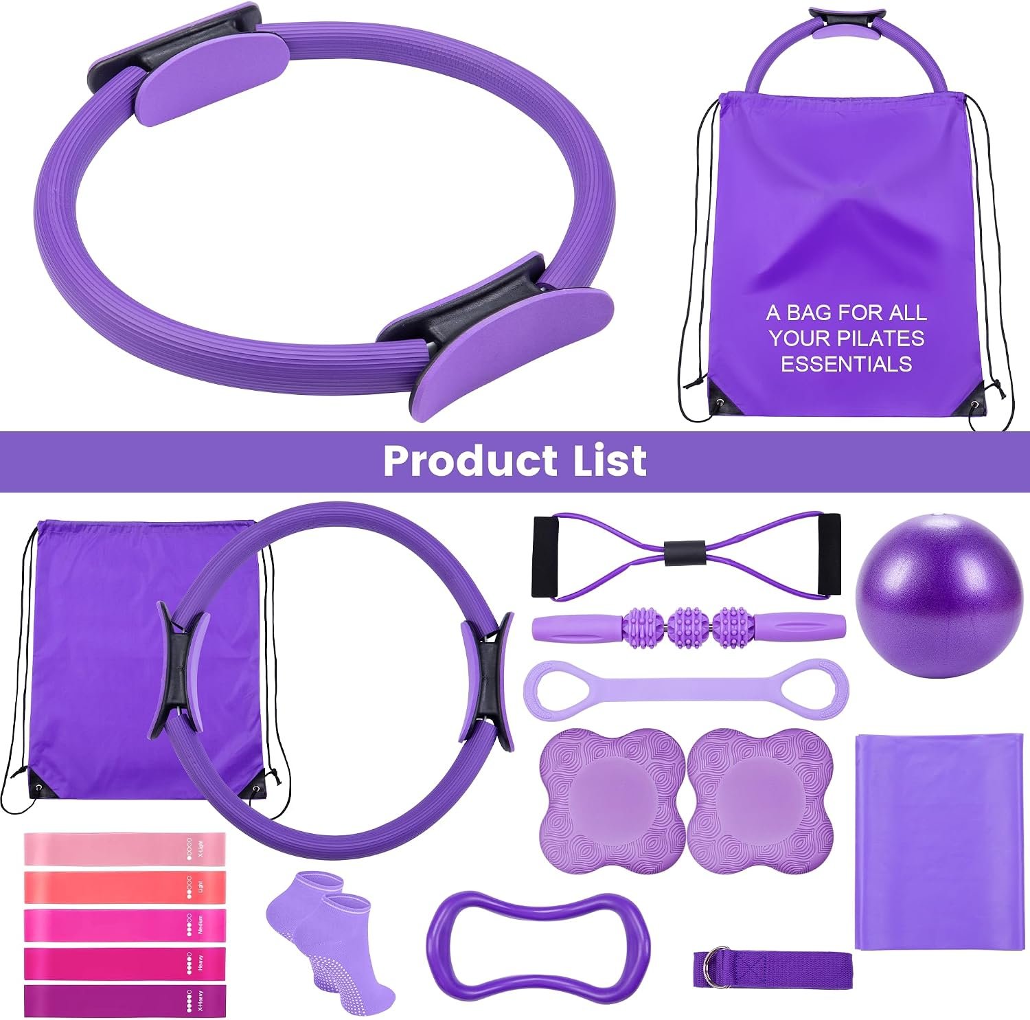 Pilates Ring Circle Fitness Set 17 pcs Equipment Accessories Workouts Includes Pilates Ball Magic Circle Yoga Ring Knee Pads and Resistance Bands for Women Set Gift for Women Weight Loss - Image 8