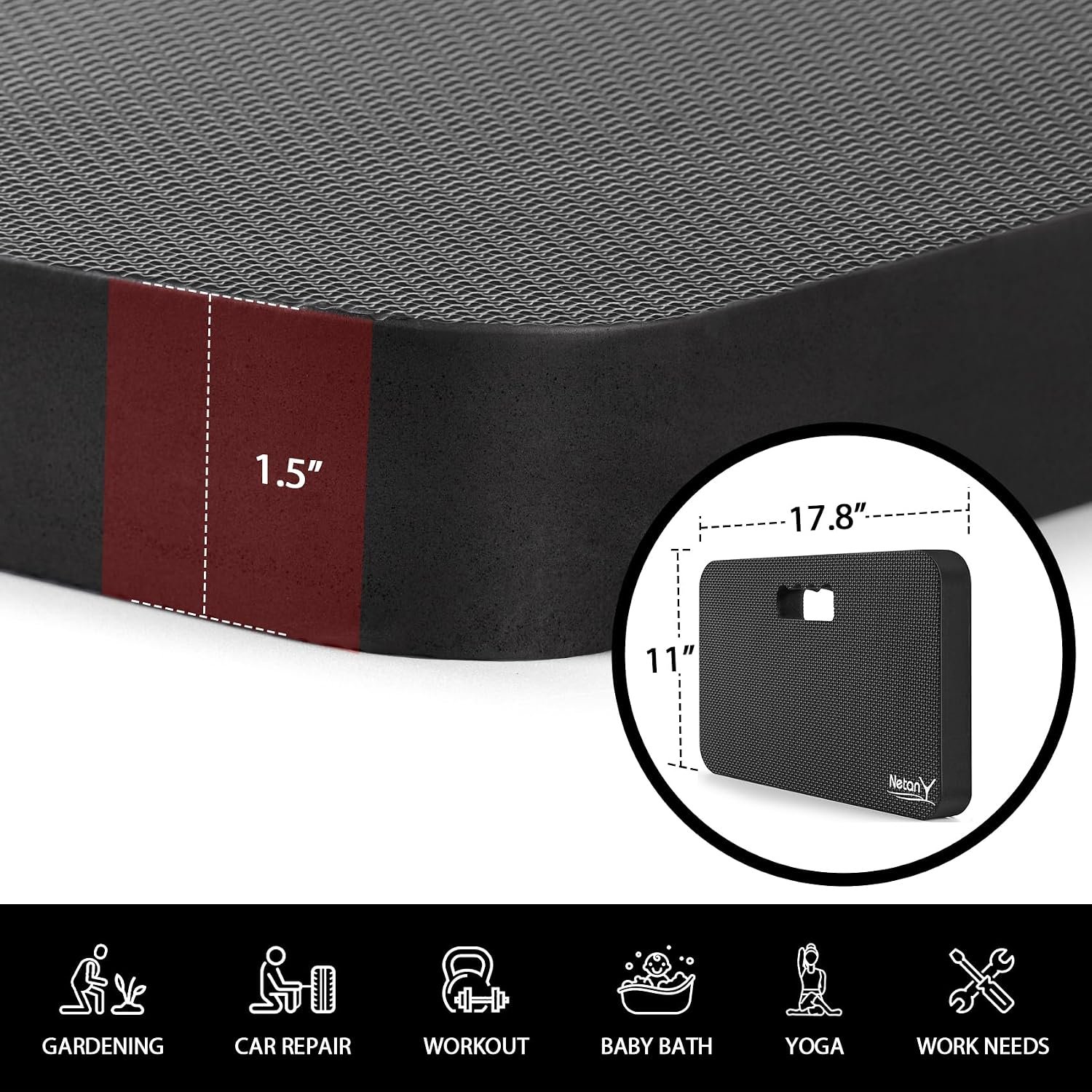 NETANY Extra Thick Kneeling Pad for Gardening, Comfortable Knee Pad Cushion, Extra Large Foam Kneeler Mat for Gardening, Baby Bath, Workout, Exercise & Yoga, Mechanic, 17.8 x 11 x 1.5 in, Black - Image 2