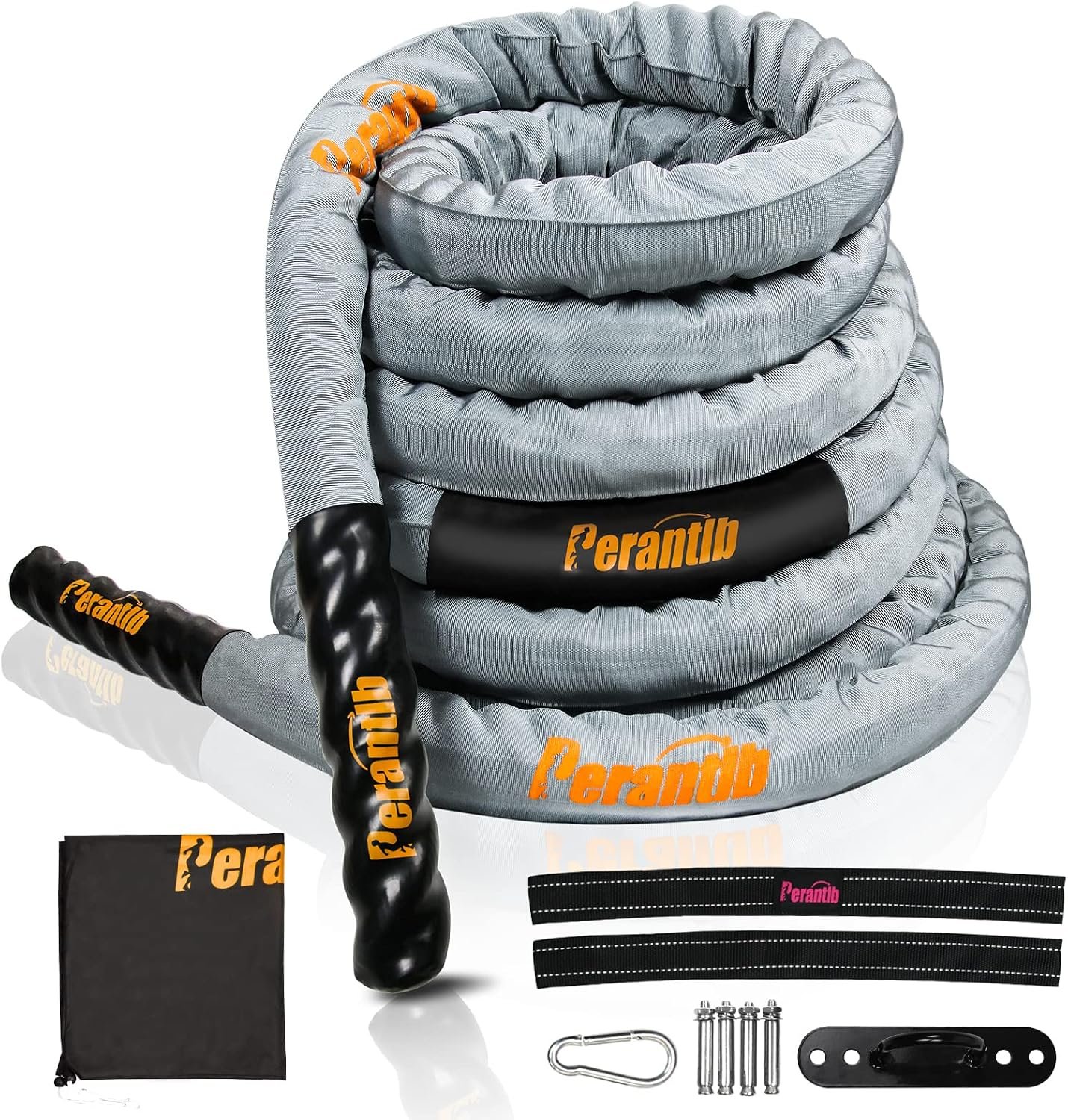 Perantlb Poly Battle Rope with Cloth Sleeve -1.25/1.5/2 Inch Diameter 30' 40' 50' Lengths -Gym Muscle Toning Metabolic Workout Fitness, Battle Ropes for Home Gym