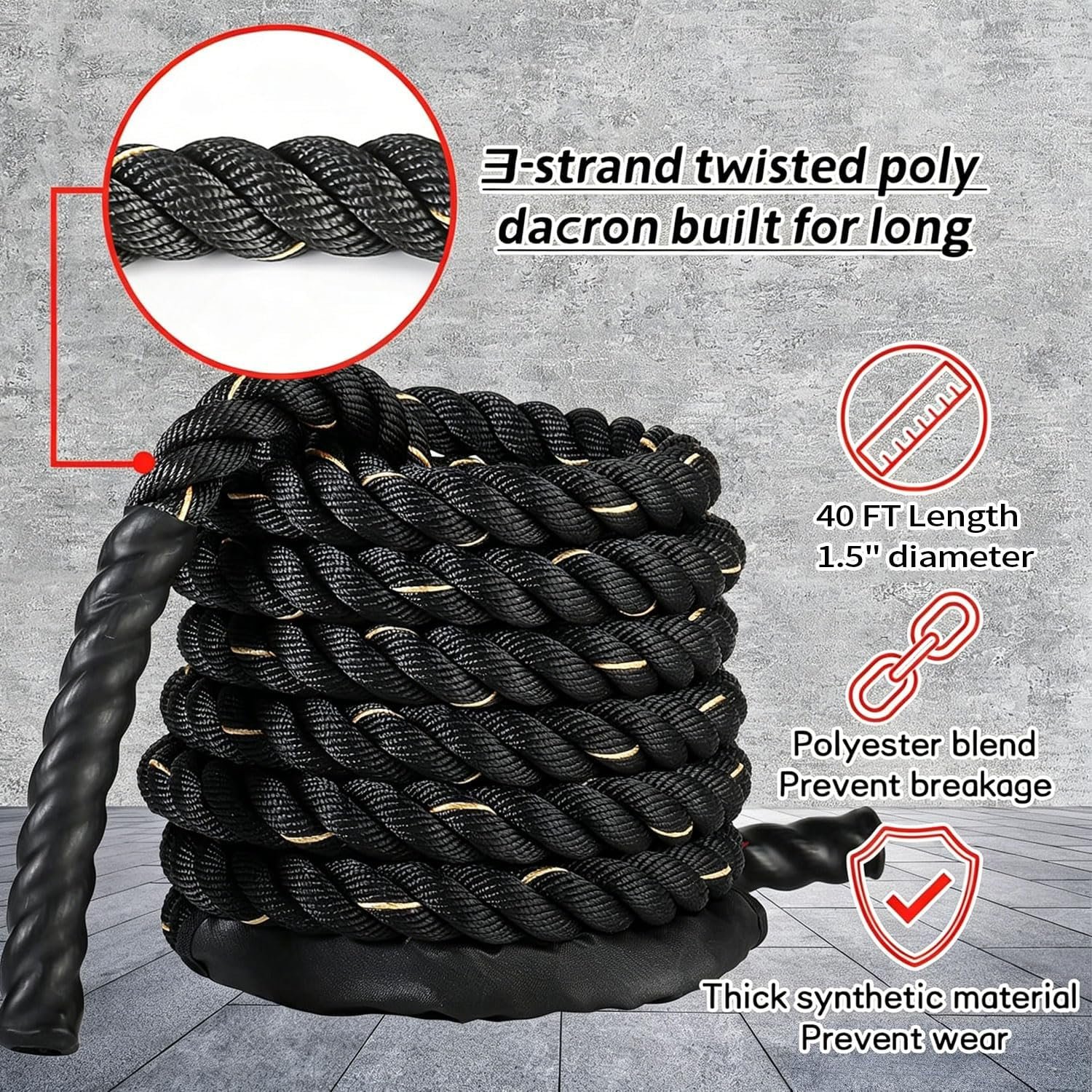 1.5 Inch 40ft Heavy Weighted Training Exercise Ropes Fitness Equipment with Sleeve and Anchor Strap Kit for Outdoor Working Out,Battle Rope for Home Gym Workout. - Image 5