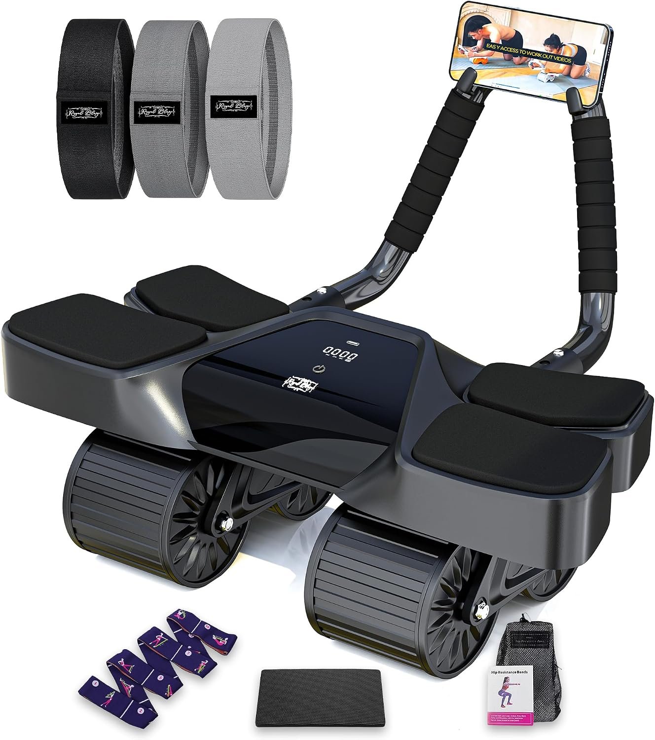 Ab Roller Home Gym Equipment – 4 Wheels Ab Wheel Muscle Roller with Automatic Rebound, Yoga Stretching Strap, 3 Resistance Bands – Comfortable Elbow Support with Non-Slip Handles – Built-in Workout Tracker