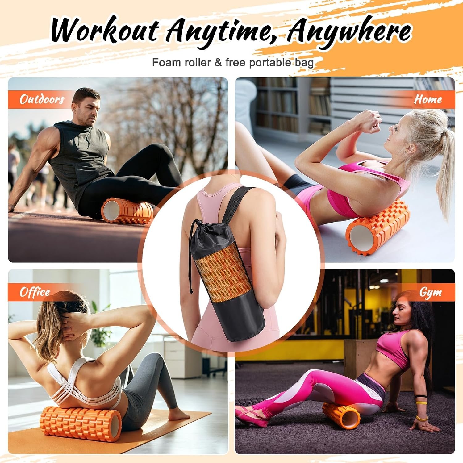 Aucuu 6 in 1 Foam Roller Set Includes Hollow Core Massage Roller, Yoga Stick, Massage Ball, Fitness Stretching Strap, Carrying Bag, Towel, Massage Roller (Orange) - Image 4