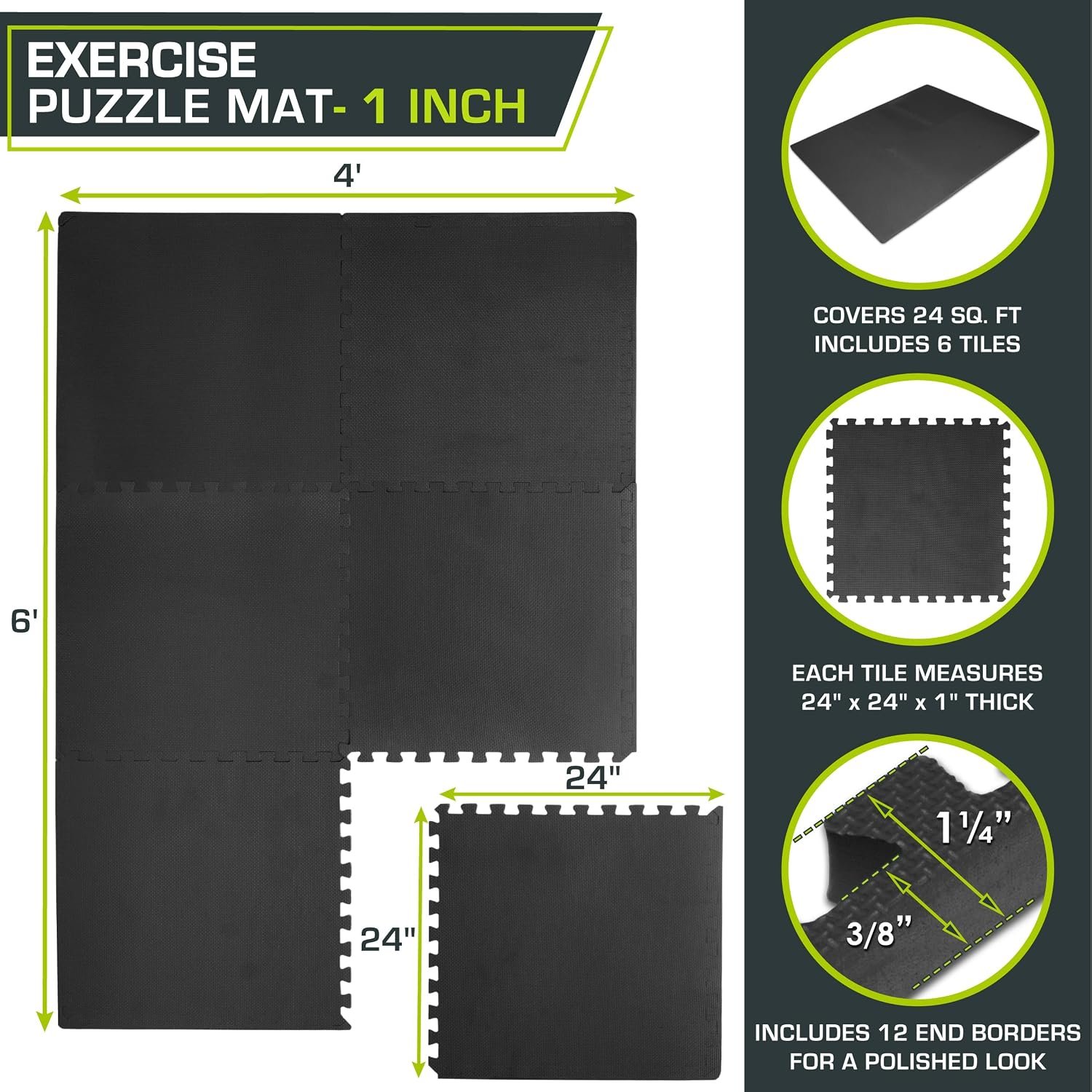 ProsourceFit Weaved Pattern Extra Thick Exercise Puzzle Mat 1-inch, EVA Foam Interlocking Tiles for Protective, Cushioned Flooring for Home and Gym Equipment; Black, 24 SQ FT, 6 Tiles - Image 2