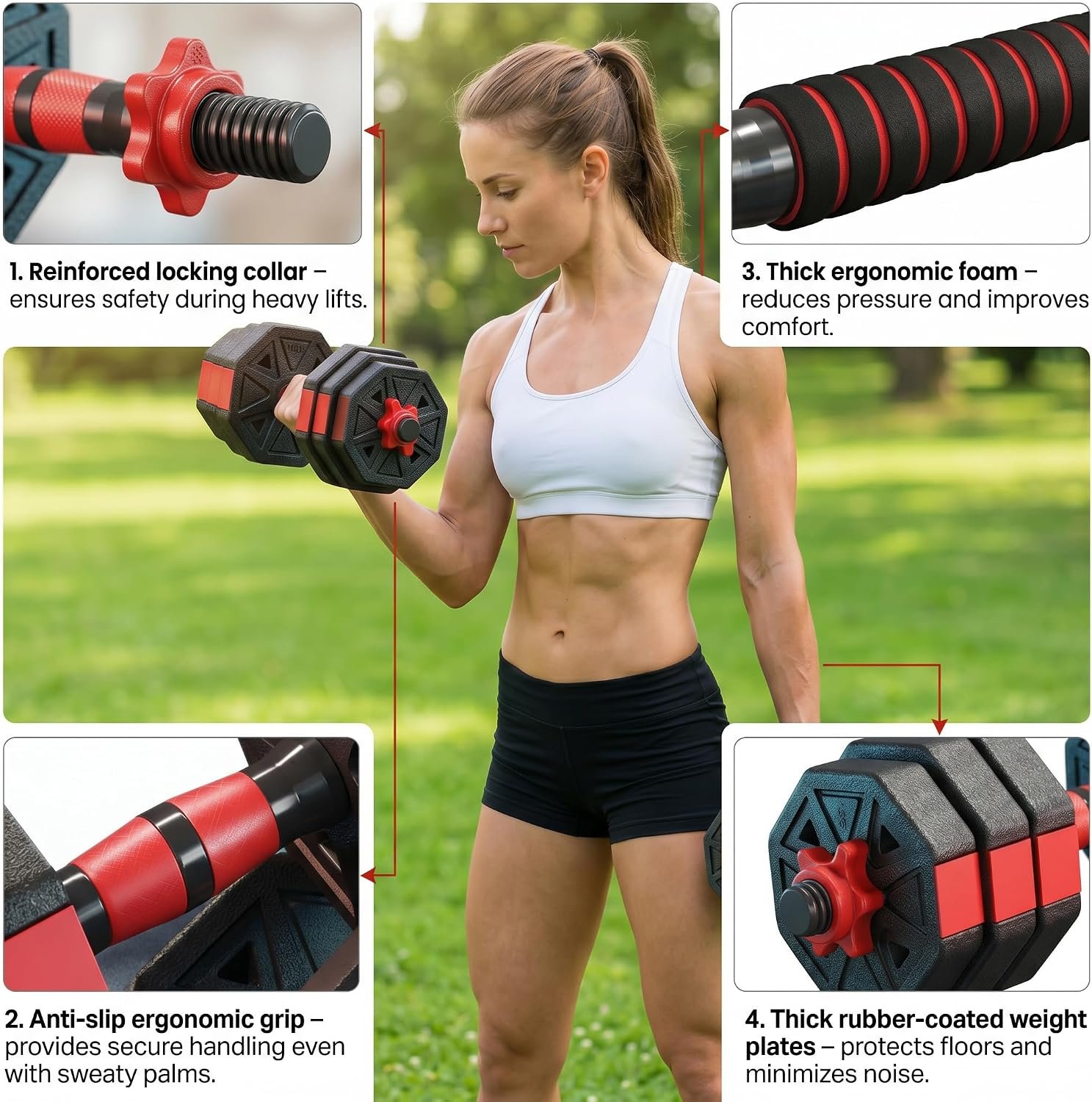 6-in-1 Adjustable Dumbbell & Barbell Weight Set, 45LB Octagon Anti-Roll Iron Sand & Cement Composite Weights, All-in-One Home Gym Equipment with Kettlebell, Push-up Stands & Gloves - Image 3