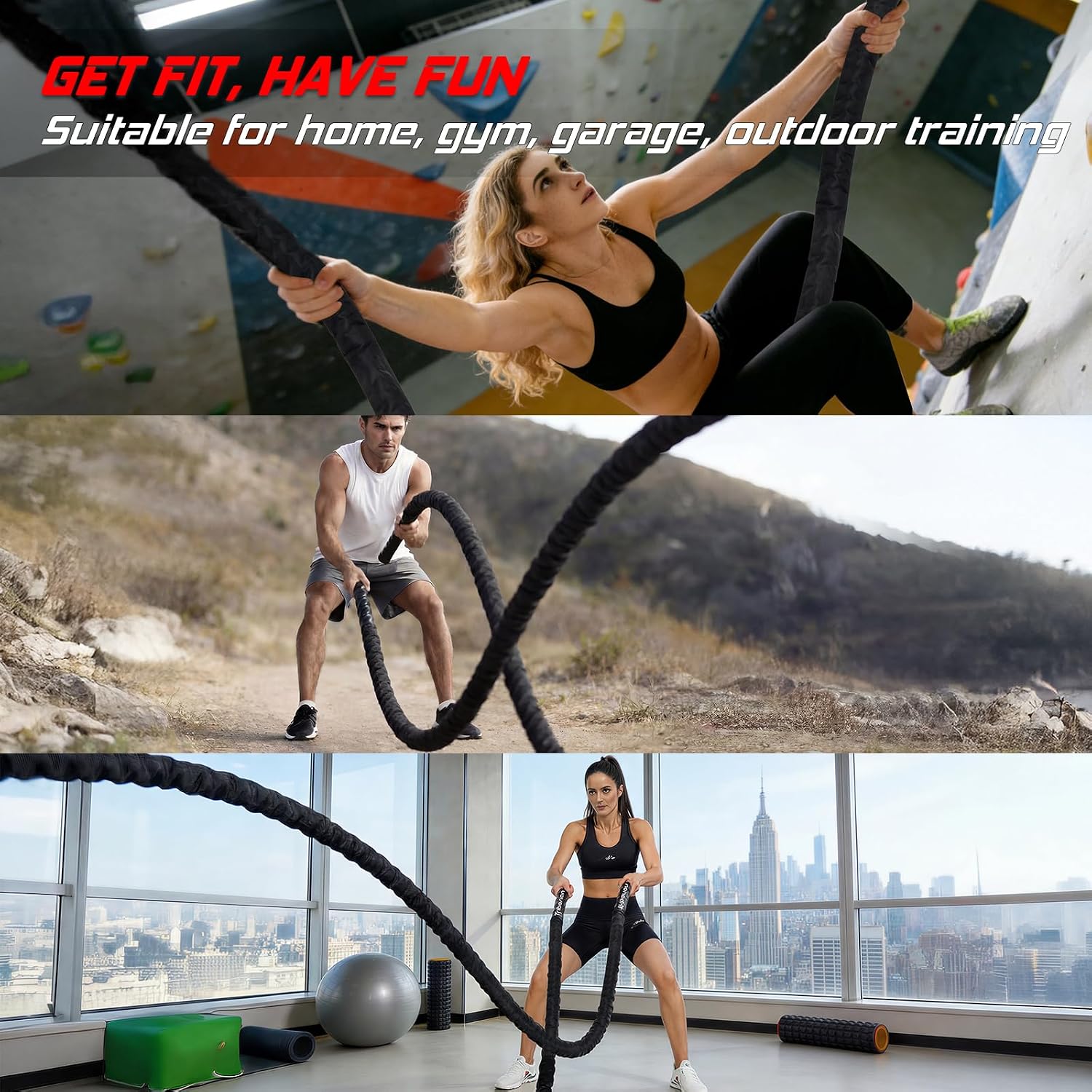 Battle Rope for Home Gym Workout - 1.5 Inch 30ft Heavy Weighted Training Exercise Ropes Fitness Equipment with Sleeve and Anchor Strap Kit for Outdoor Working Out - Image 6