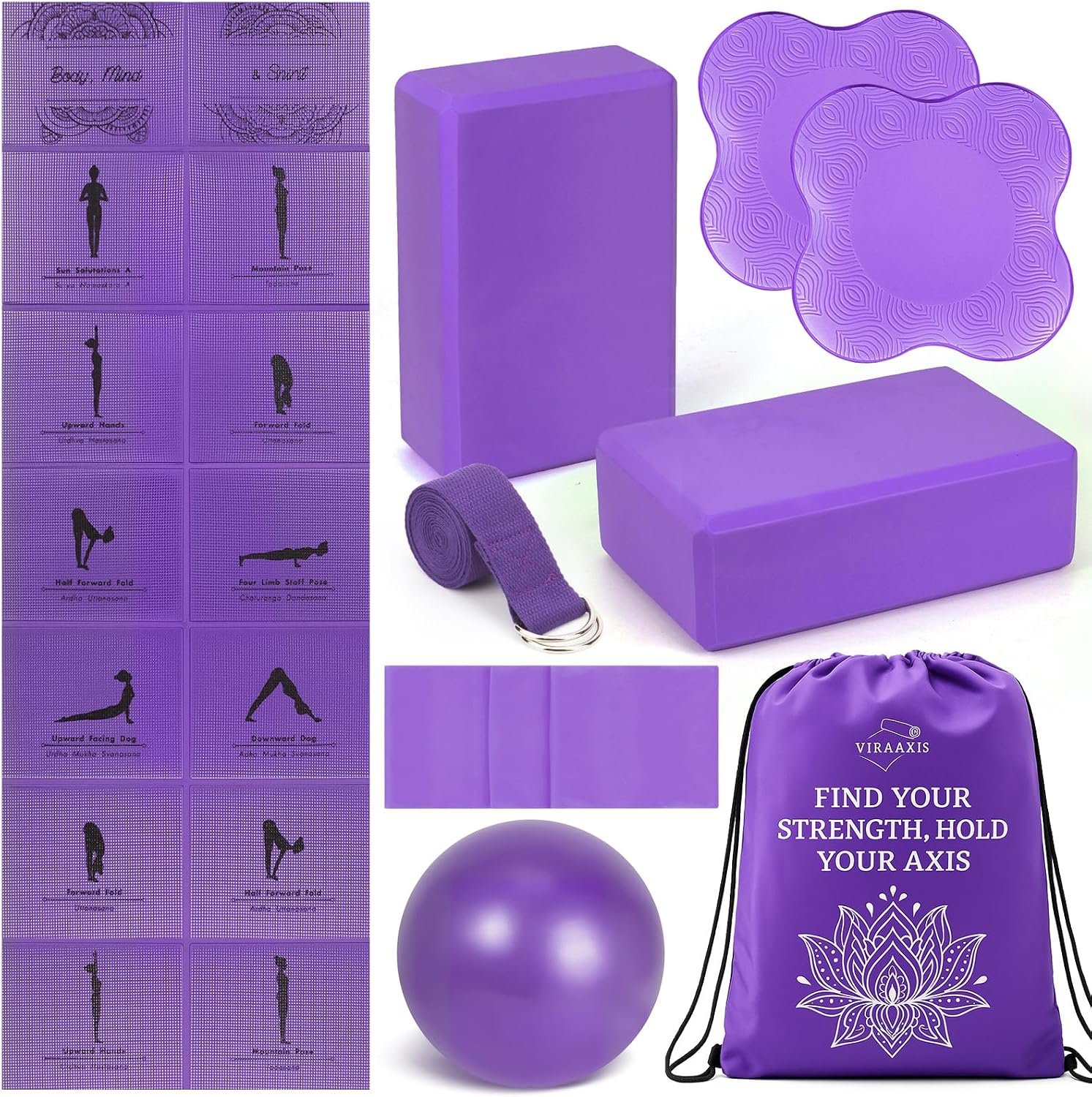 Foldable Non-Slip Yoga Mat and Blocks Set for Women, 9-Pcs Yoga Starter Kit