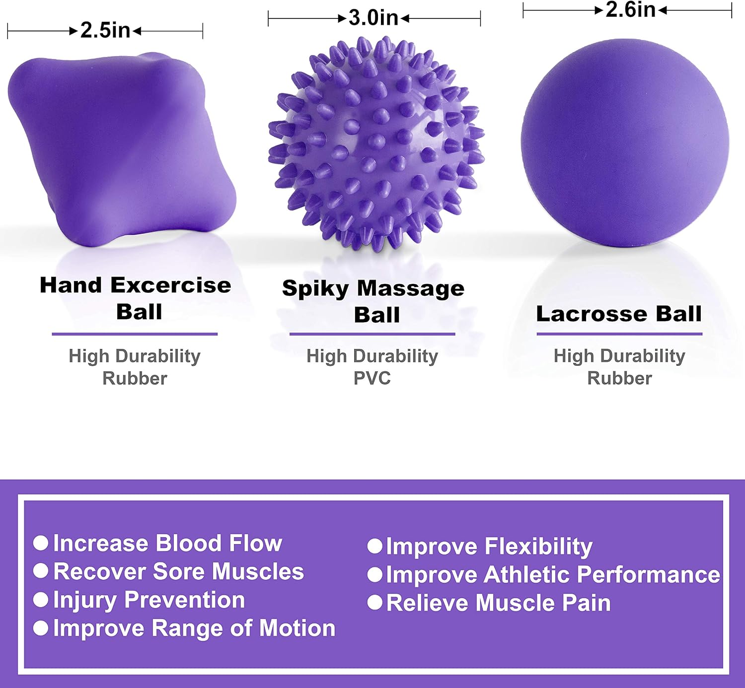 Posture Magic Massage Ball Kit for Myofascial Trigger Point Release & Deep Tissue Massage - Set of 6 - Large Foam/Small Foam/Lacrosse/Peanut/Spiky/Hand Exercise Ball (Purple) - Image 3