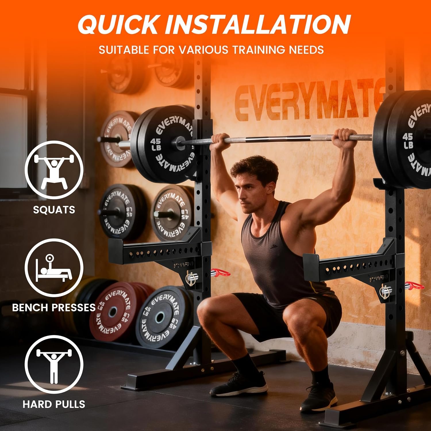 EVERYMATE Safety Spotter Arms, Fits 2"x2" & 3"x3" Power Racks, Heavy Duty 1000LBS Capacity Barbell Squat Rack Safety Bars with Rubber Pads for Home/Garage Gym Strength Training - Image 6