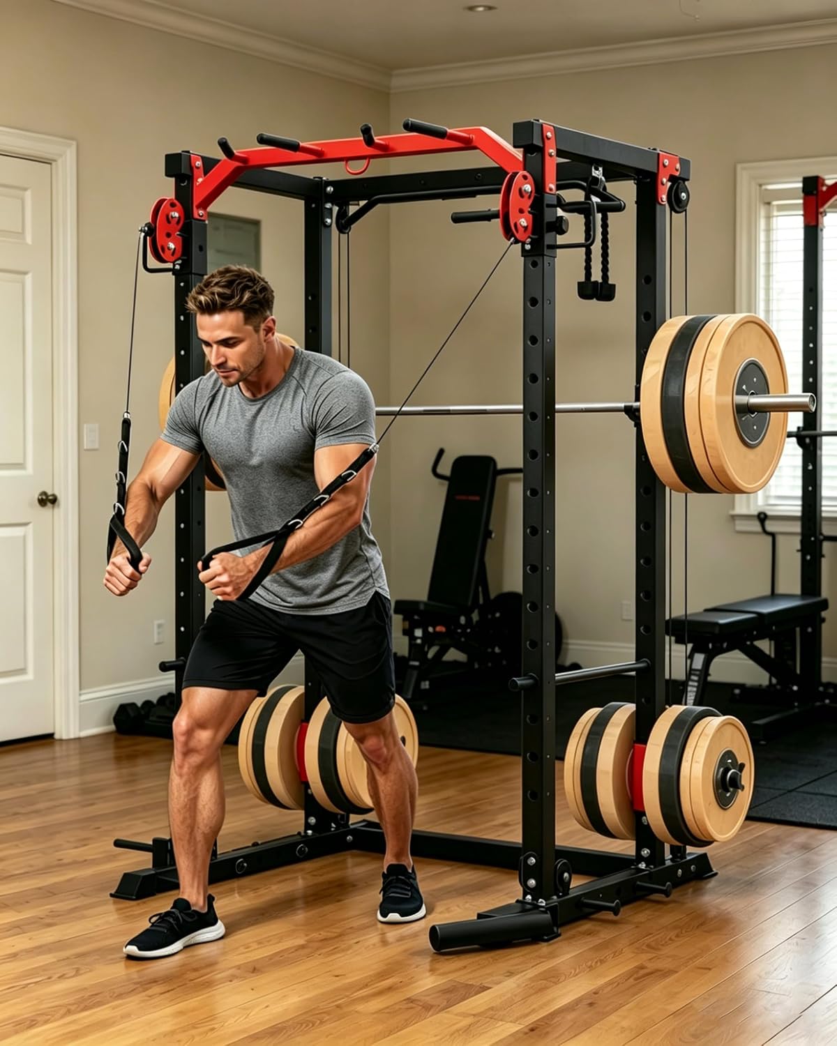 Power Cage, Power Rack with Cable Crossover System, 2000LBS Squat Rack with LAT Pull Down System, Workout Cage with Pulley System for Fitness Home Gym Strength Training (Red&Black) - Image 4