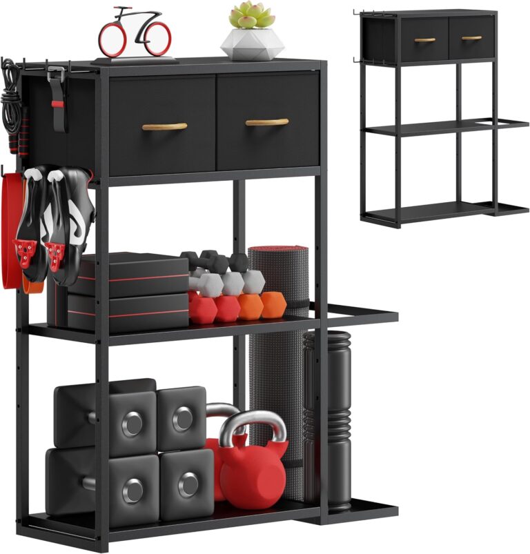 Home Gym Storage Rack, Adjustable 4-Tier with Extra Drawer