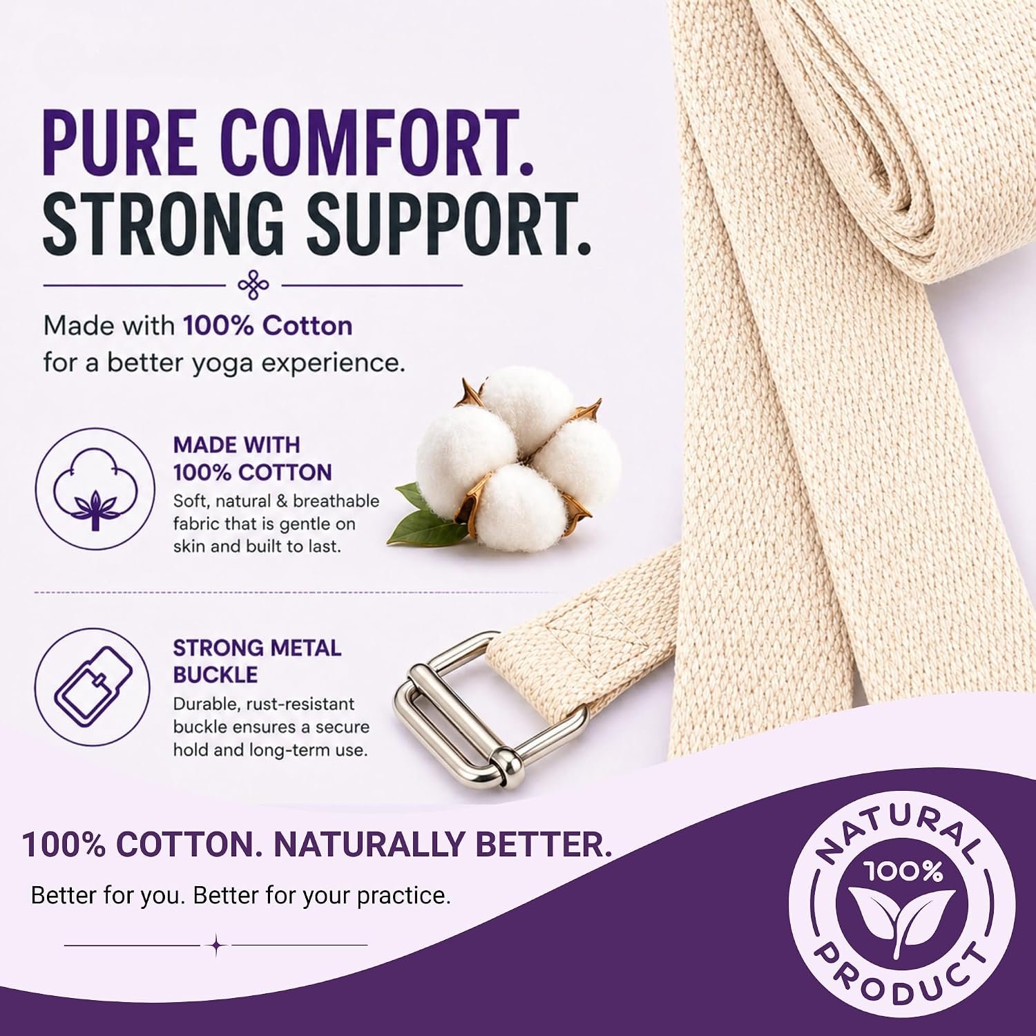 Yogikuti Premium Cotton Yoga Strap | Adjustable Yoga Belt for Stretching, Flexibility, Balance & Alignment | Yoga Accessories for Beginners, Pilates, Meditation, Exercise, Fitness & Physical Therapy - Image 4