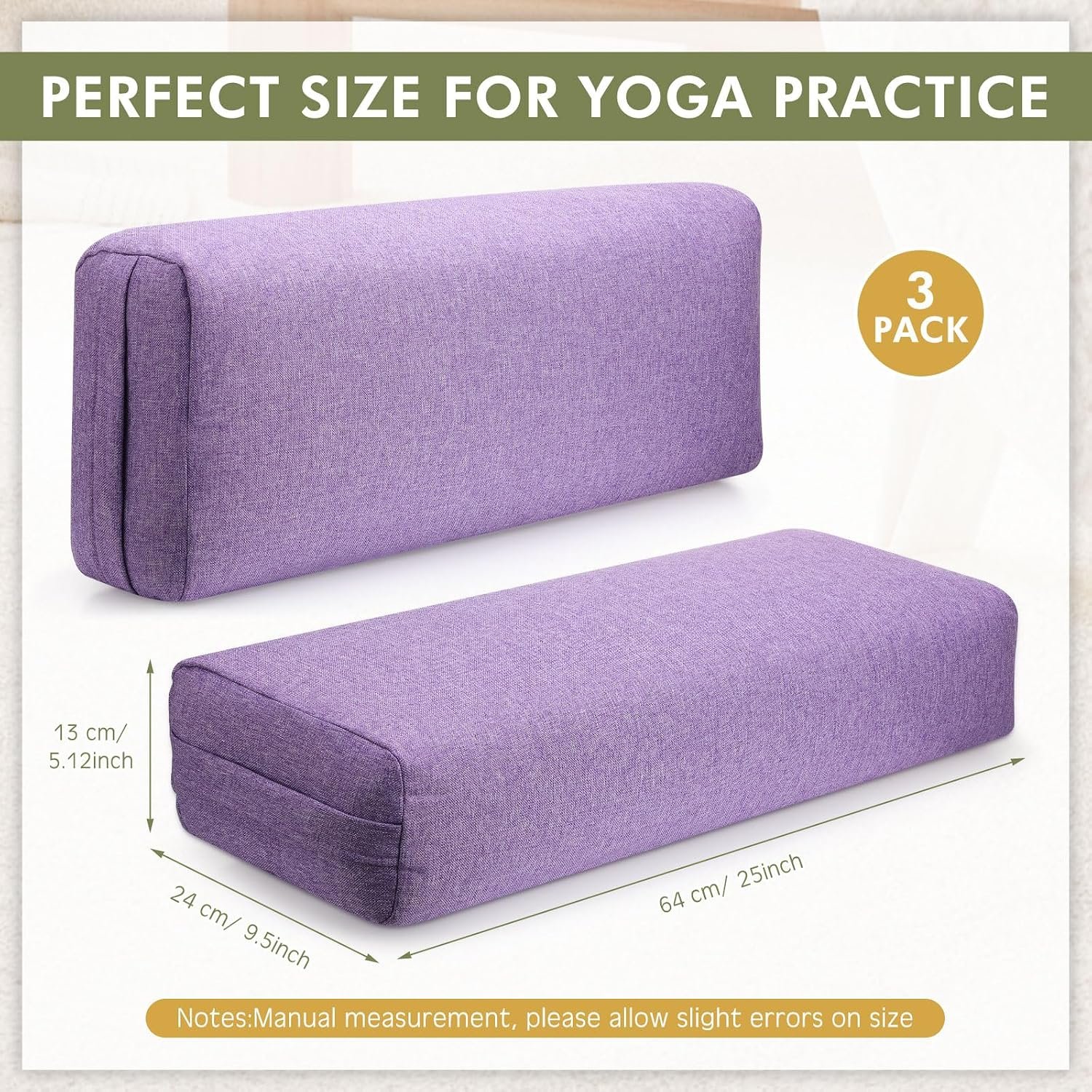 Suzile 3 Pack Yoga Bolster Pillow for Restorative 25" x 9" x 5" Meditation Pillow Rectangular Lightweight Yoga Pillow Cushion with Handle, Washable Cover Yoga Accessories - Image 2
