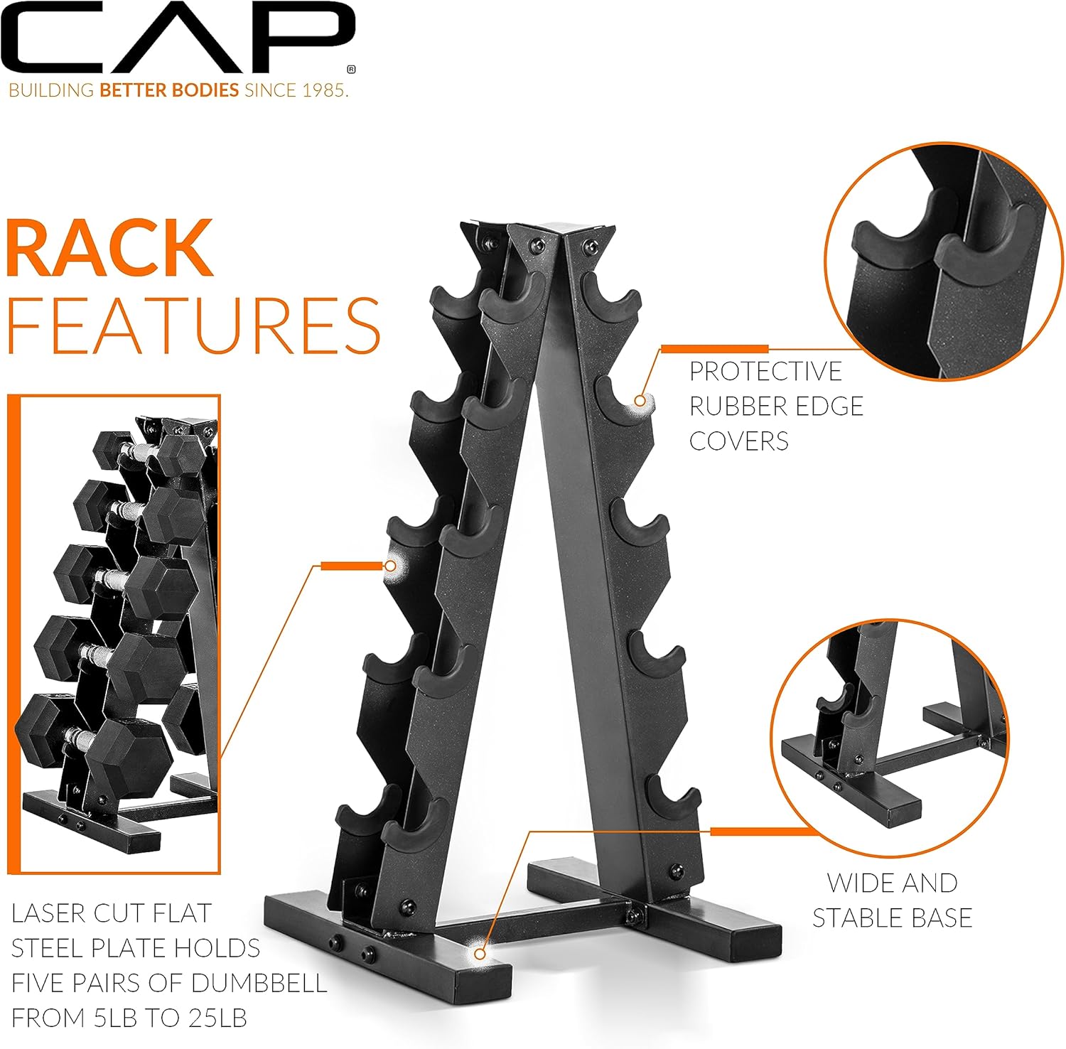 CAP Rubber Coated Dumbbell Weight Set with Vertical Rack | 100 lb, 150 lb, and 210 lb Options - Image 4