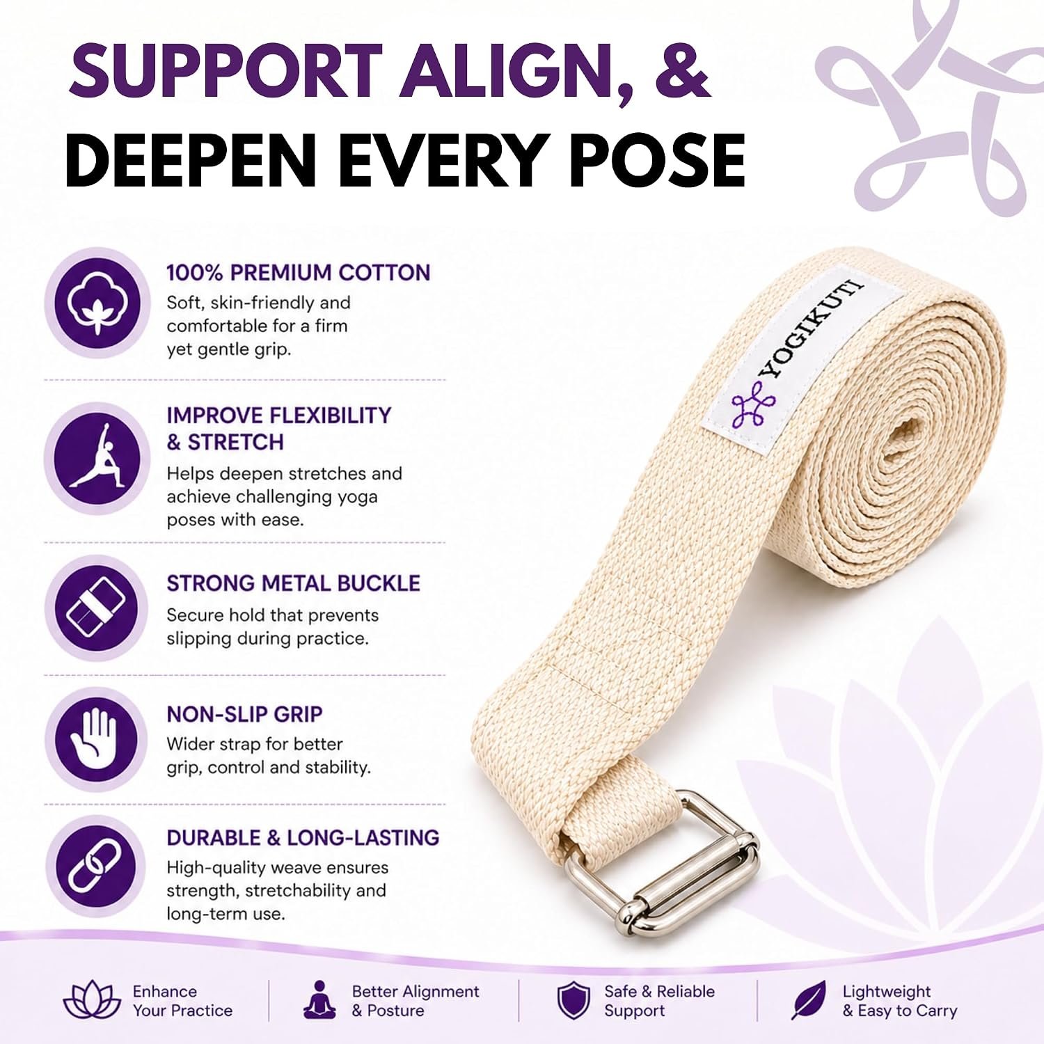 Yogikuti Premium Cotton Yoga Strap | Adjustable Yoga Belt for Stretching, Flexibility, Balance & Alignment | Yoga Accessories for Beginners, Pilates, Meditation, Exercise, Fitness & Physical Therapy - Image 2